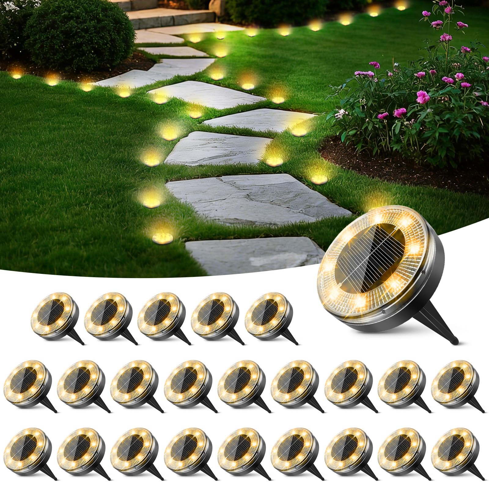 Peasur Mini Solar Ground Lights  24 Pack Flat Solar Disc Lights Outdoor Waterproof  2.3 Inch Small Solar Garden Lights Landscape Lighting for Outside Pathway Garden Yard Lawn Walkway Warm White