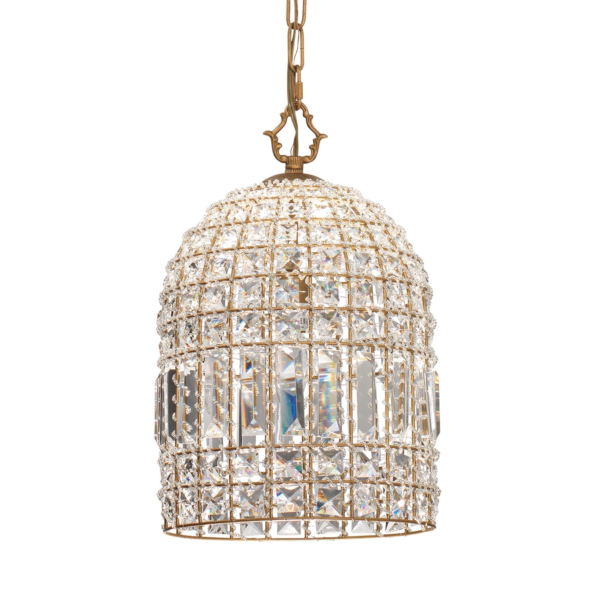 Benjara Light Pendant Chandelier With Dome Metal Frame And Crystal Accents, Gold