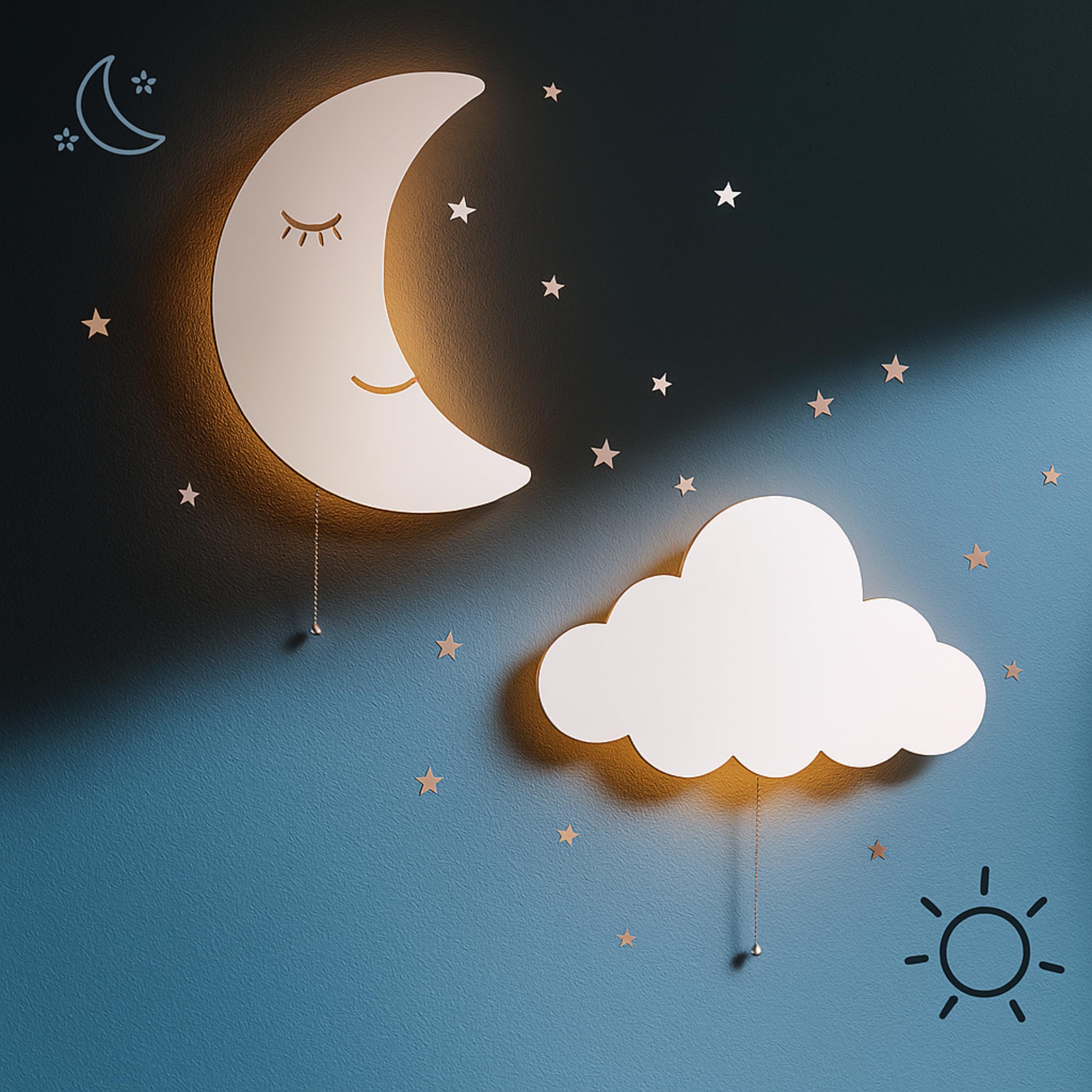 Tip perk 2 Pack Cloud & Moon Lights - Floating Cloud & Moon Wall Lamps for Nursery | Cute Floating Lamps for Kids Bedroom | Battery-Operated Hanging Night Lights for Bedroom/Baby Nursery