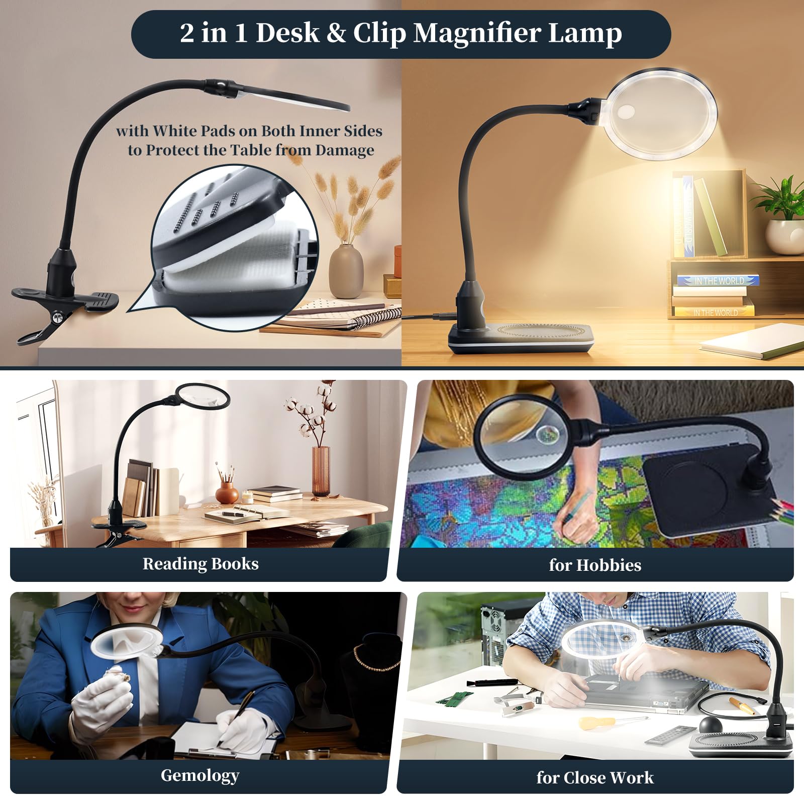 15X Magnifying Glass With Light And Stand, 4.9 Inch 2-In-1 Magnifying Lamp With Clamp, 3 Color Modes Dimmable, Flexible Goosenec