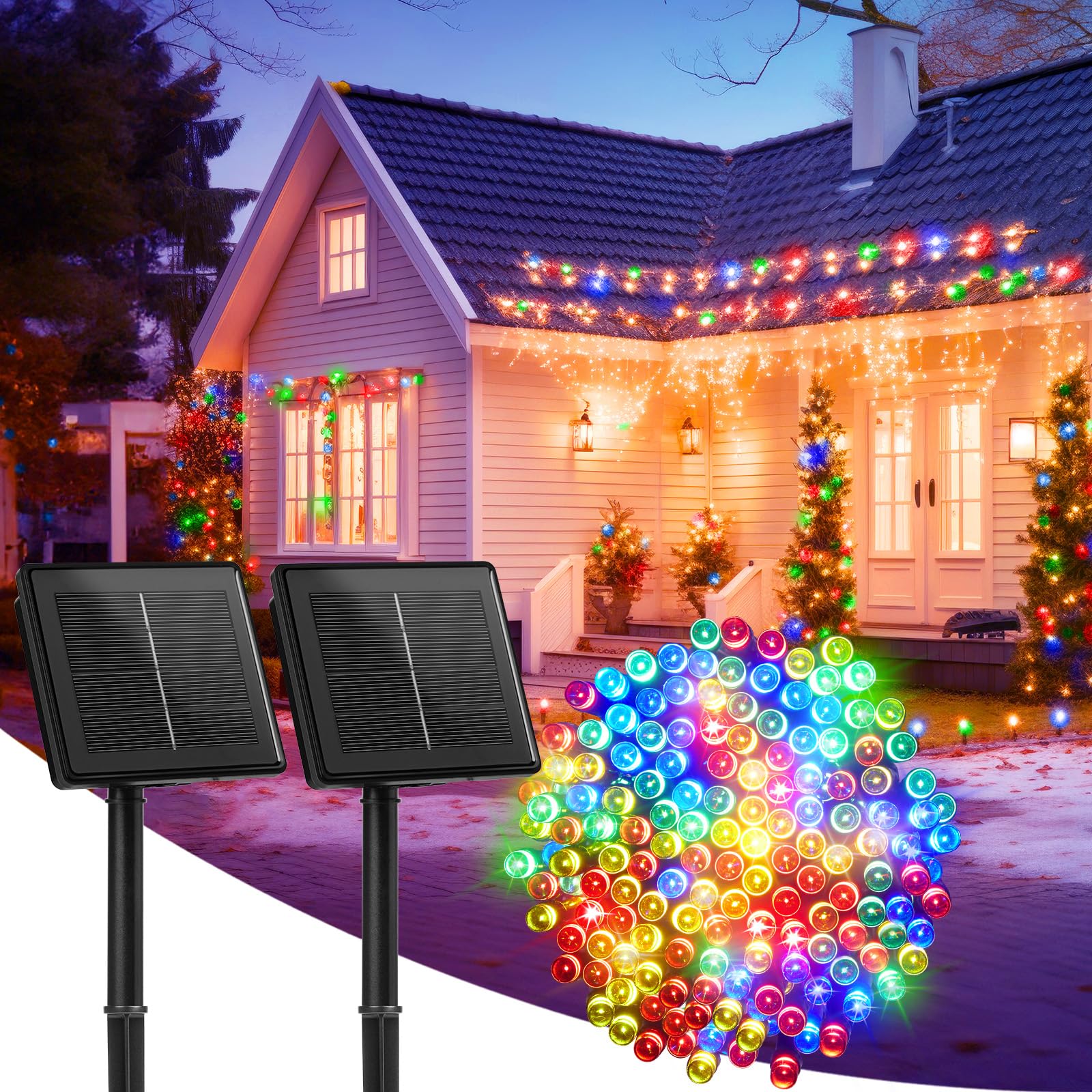 Brightown Solar String Lights, 200LED Multicolor, 72Ft Each, 2 Pack, Waterproof, 8 Modes, Green Wire, Outdoor Christmas Decor