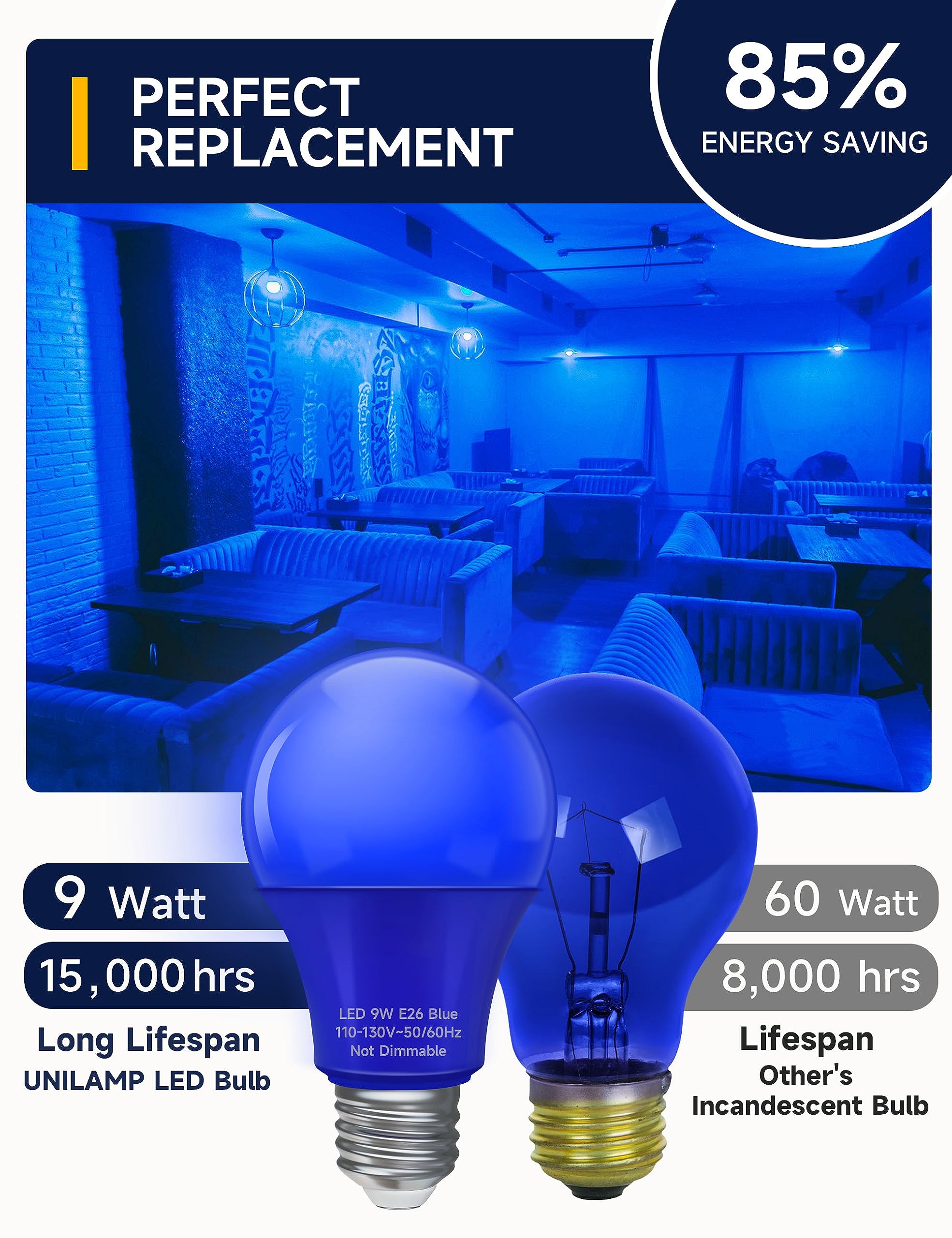 UNILAMP LED Blue Light Bulbs, E26 9W Equivalent for Holiday Lighting, 4-Pack, Ideal for Outdoor and Party Decor
