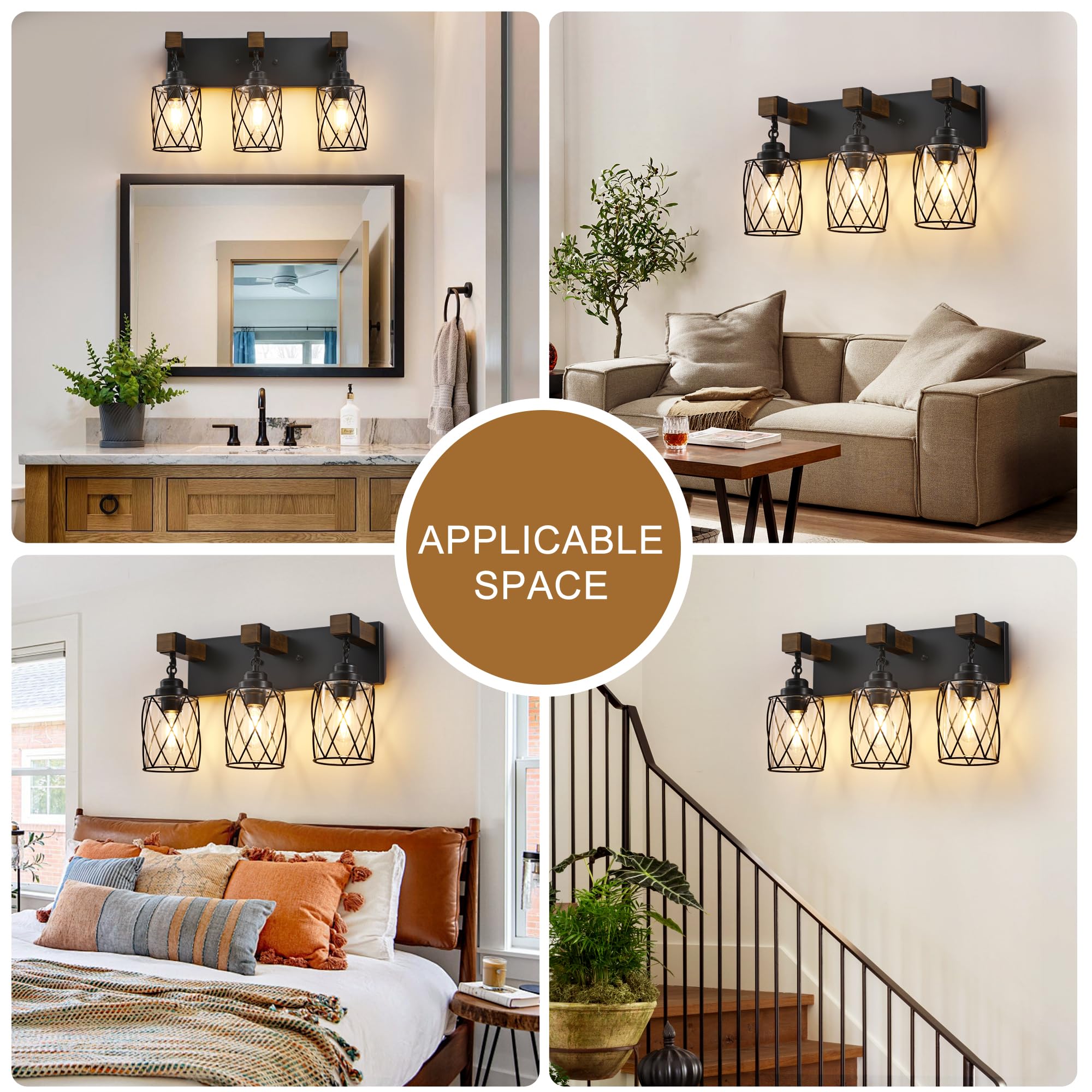 CmnVmn Farmhouse 3-Light Bathroom Vanity Light, Black Wood & Glass Sconces, Model C5009