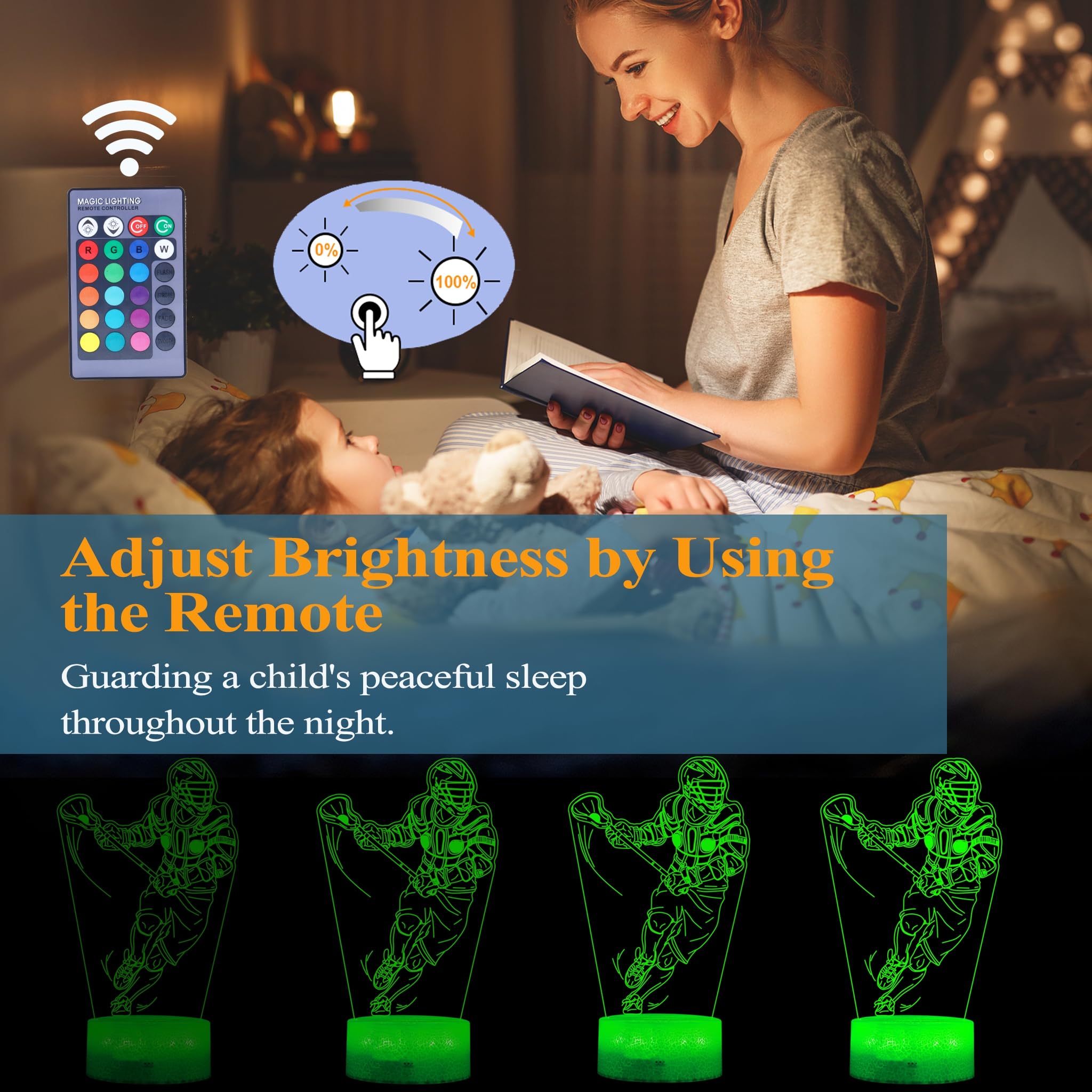 POSSHE Lacrosse Night Light with Remote Control, 16 Colors, Dimmable, Model MY-3D LAMP-CRACK, Perfect Gifts for Men and Boys