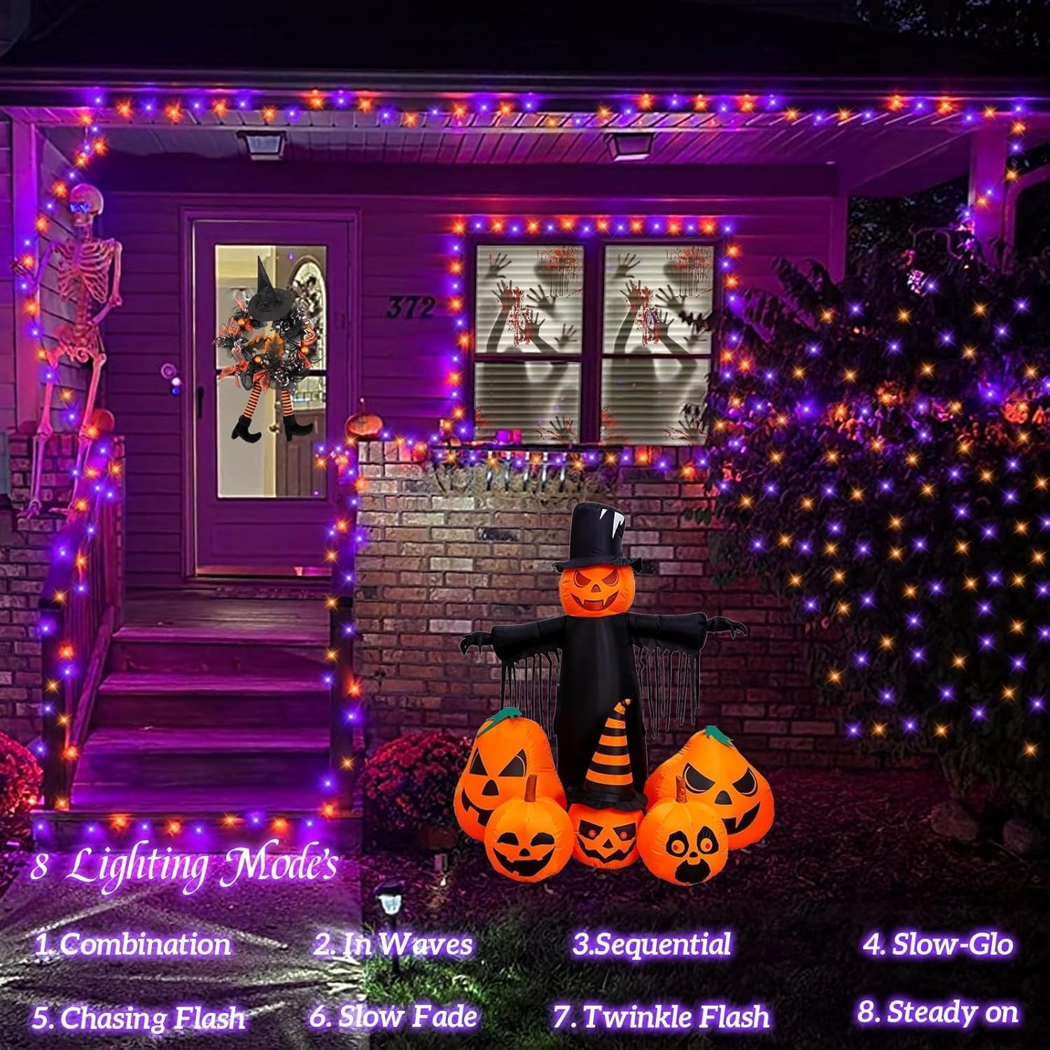 YEGUO Solar Fairy Lights, 100 LED, 33ft, Waterproof, 8 Modes, Orange and Purple, Black Wire, 4 Packs