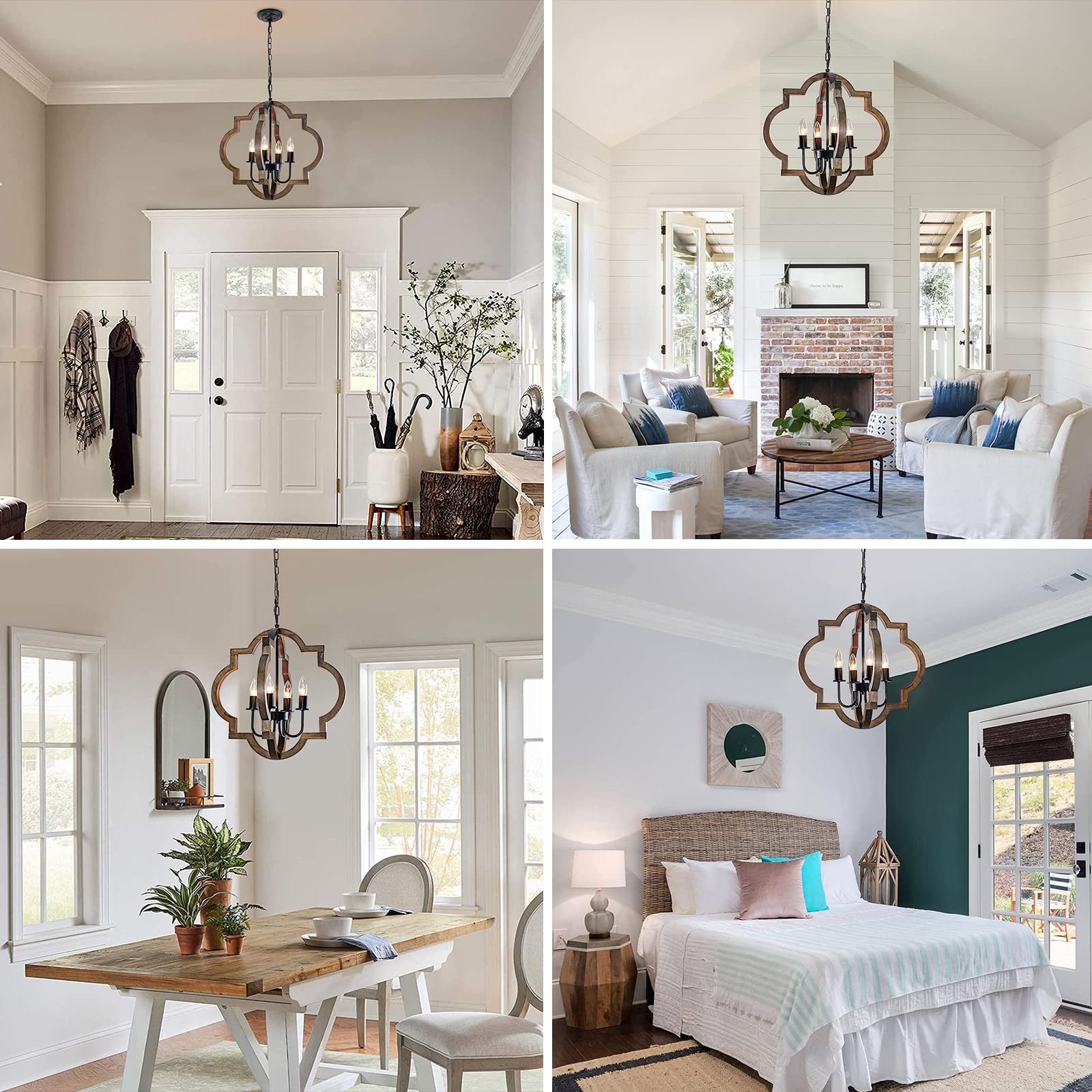 Rviezza 19.49'' Farmhouse Wood Chandelier, 4-Light Rustic Dining Room Light Fixture, Orb Chandelier Light Adjustable Height, Pendant Lighting For Kitchen Island Foyer Living Room Over Dining Table
