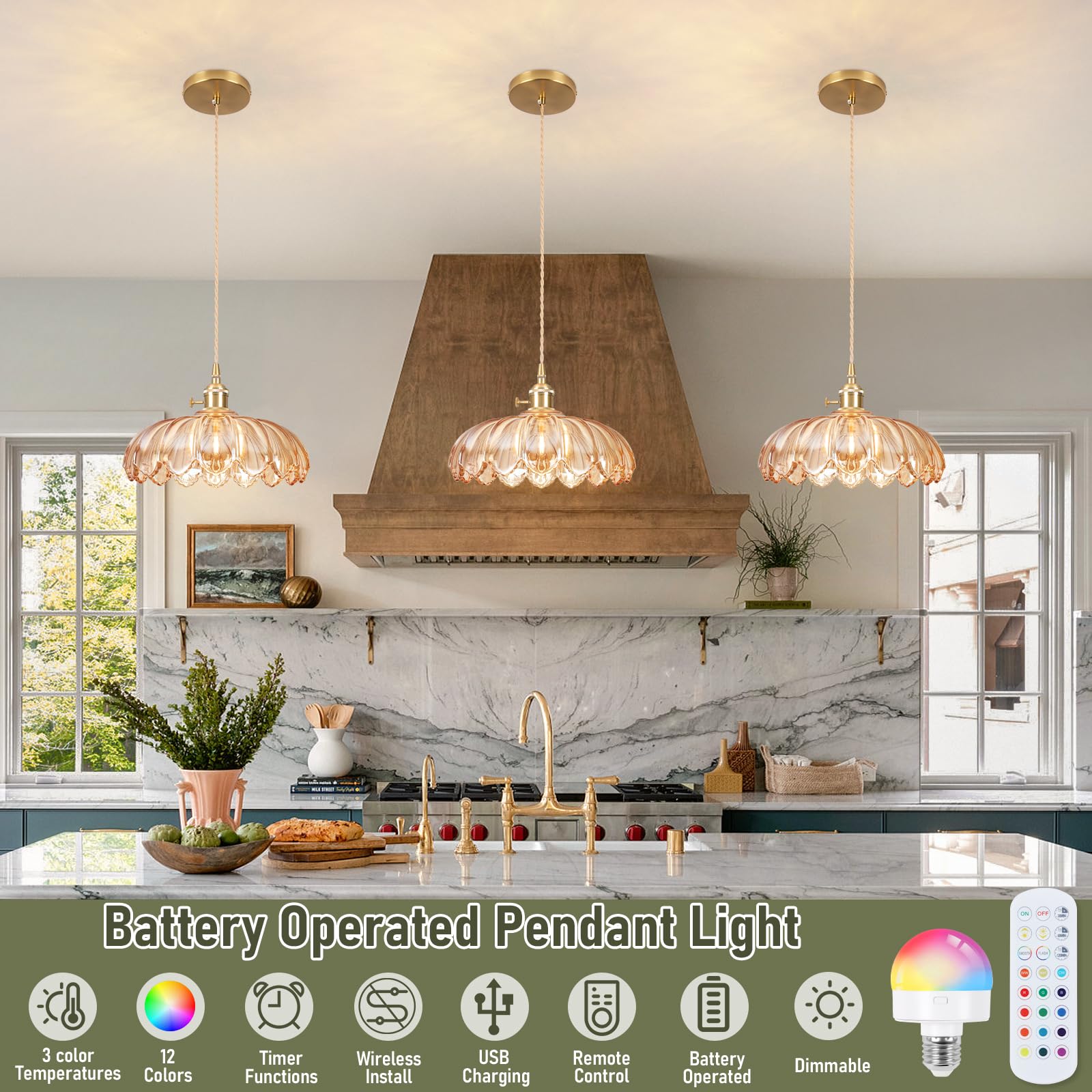 Loiogohot Battery Operated Pendant Light, RGB 9.8in, Glass, Peony Amber, Model PL-BN1178-CD-AM, Wireless, Adjustable, Rechargeable