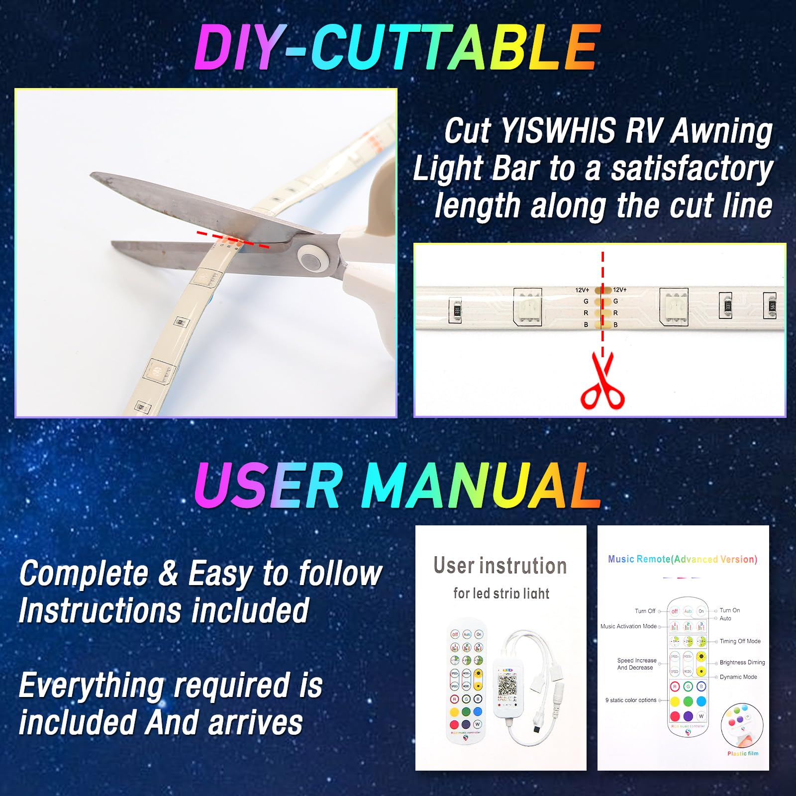 Yiswhis 16.4FT RV Awning Lights, 12V LED Light Strip, Waterproof, Remote & APP Control, Multicolor, Model YIS-RV5M-RGBLIGHT
