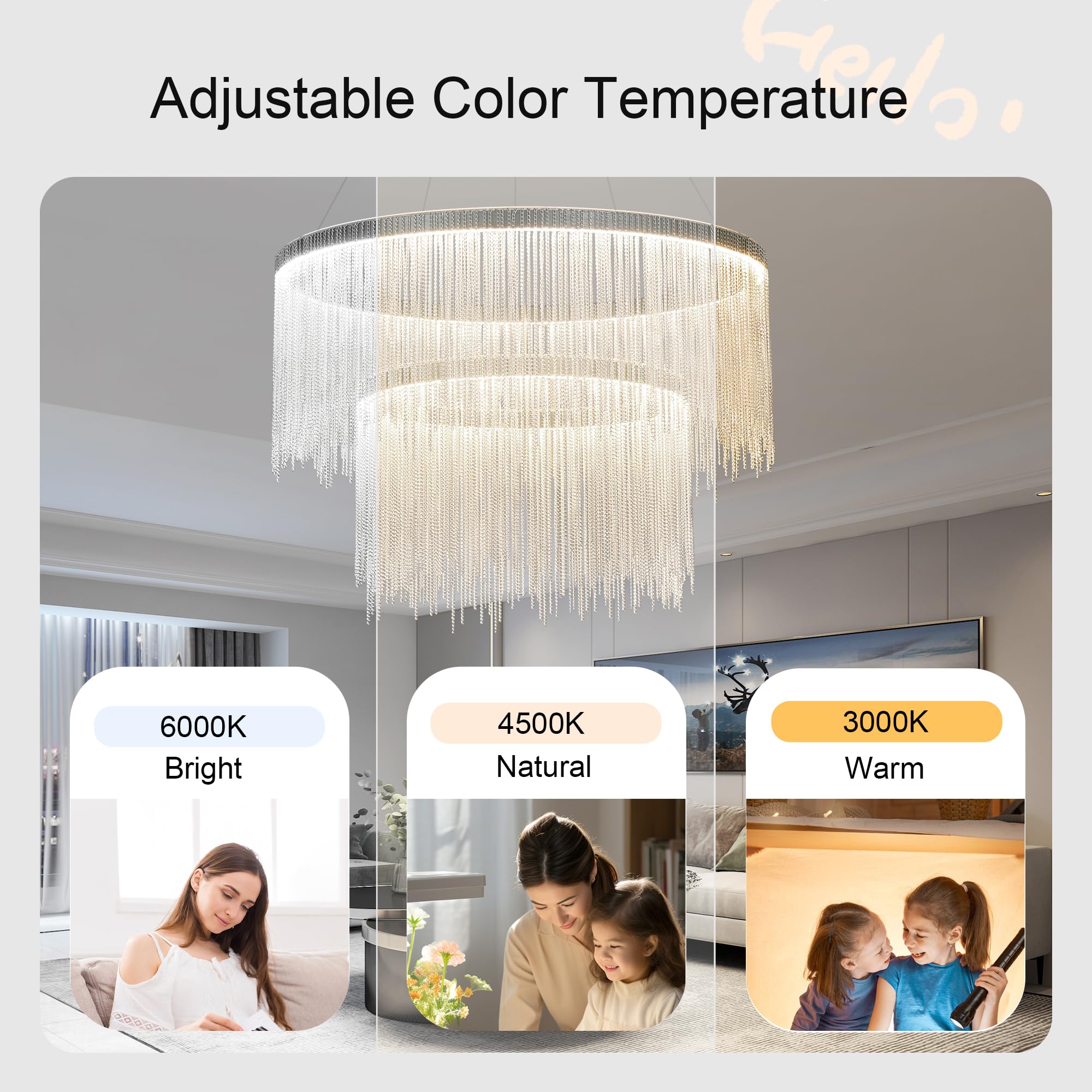 Puvaue Aluminum Ring Chandelier, LED Hanging Light Fixture, D23.6 Inch, Silver, Remote Control for Dining Room, Living Room, Bedroom