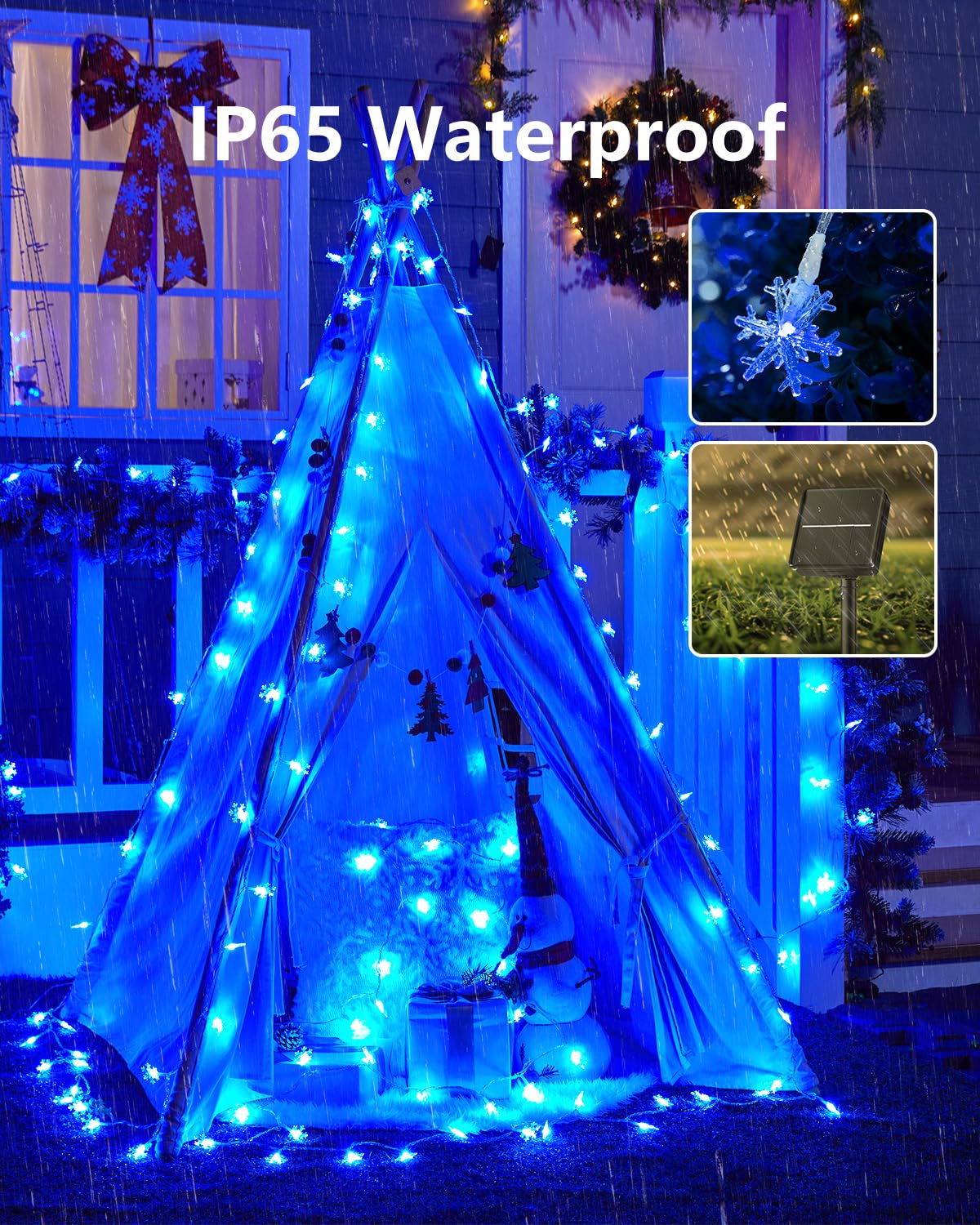 Brightown Solar Snowflake String Lights, 200 LED, 72FT, Waterproof, 8 Lighting Modes, Blue