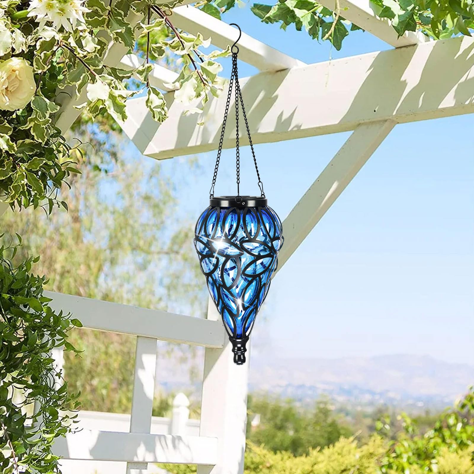 LEWIS&WAYNE Solar Hanging Lantern - Tear-Shaped 15 LEDs Cool White Outdoor Lights with S Hooks, Blue for Garden, Yard, and Pathway