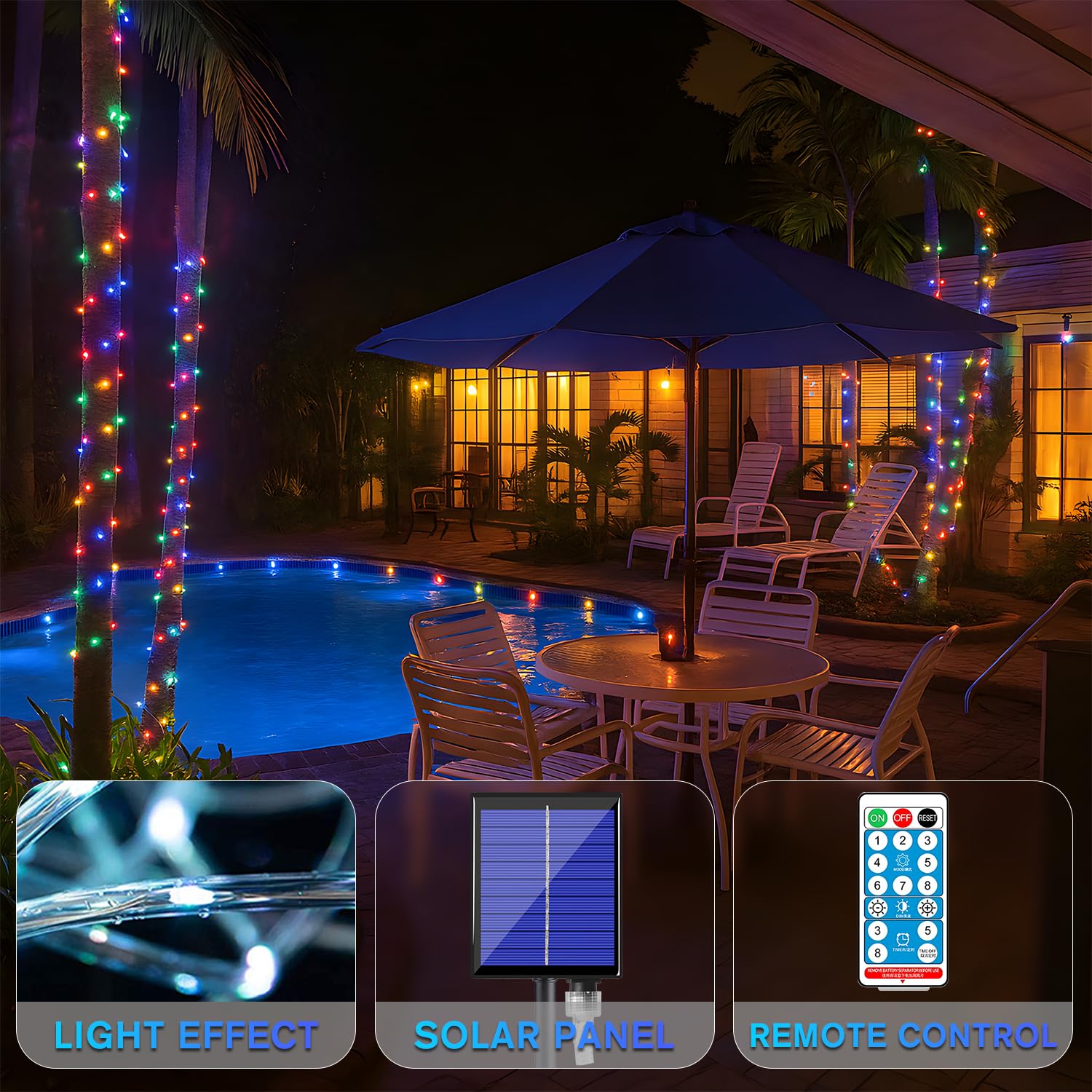 ANJAYLIA Solar Rope Lights 66FT 200 LED Multicolor Waterproof String Lights with Timer Remote, Model String Lights-5