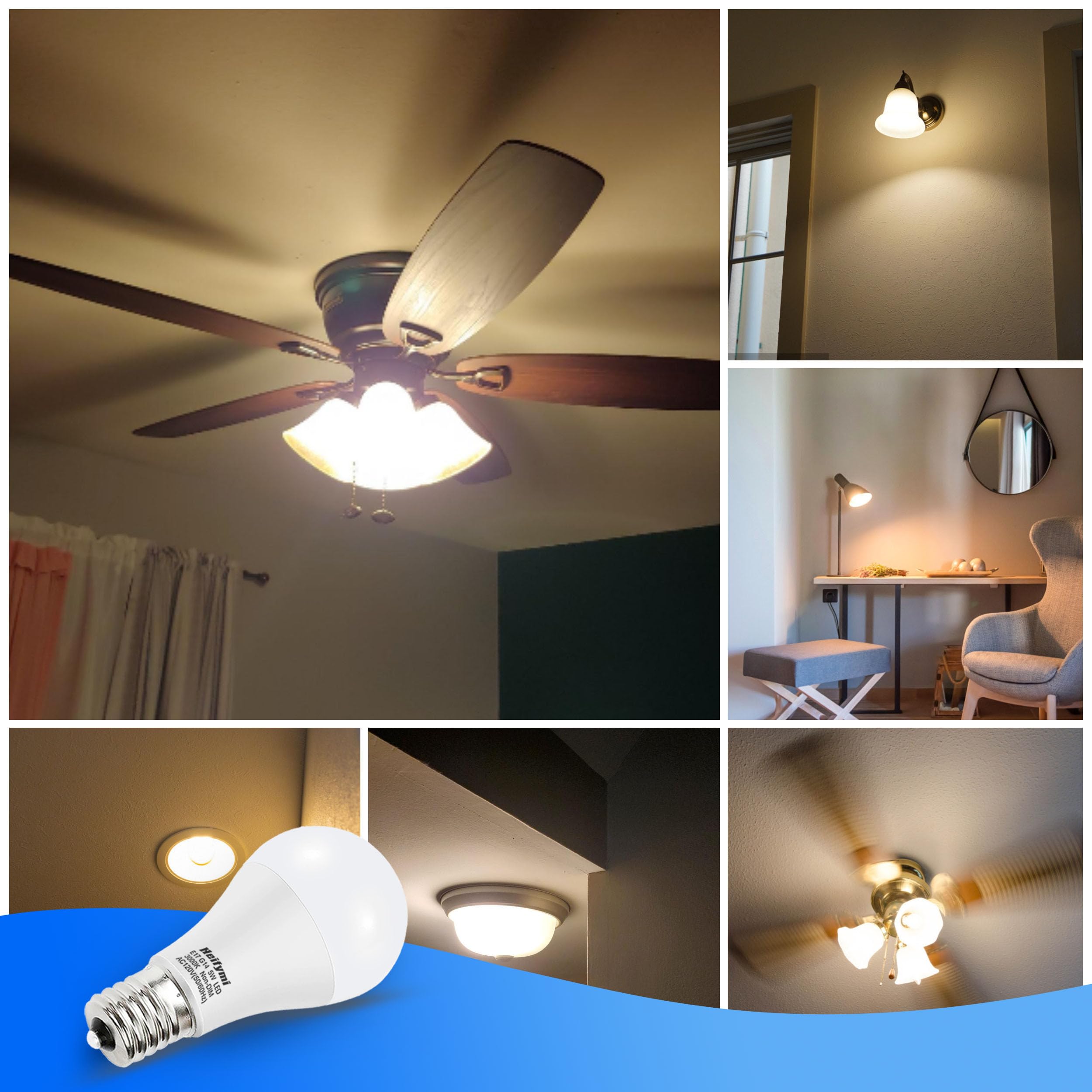 Heifymi E17 Intermediate Base Led Bulbs, 3000K Warm White, 5 Watts(40W Equivalant), 500 Lumens, Non-Dimmable For Ceiling Fan Cha