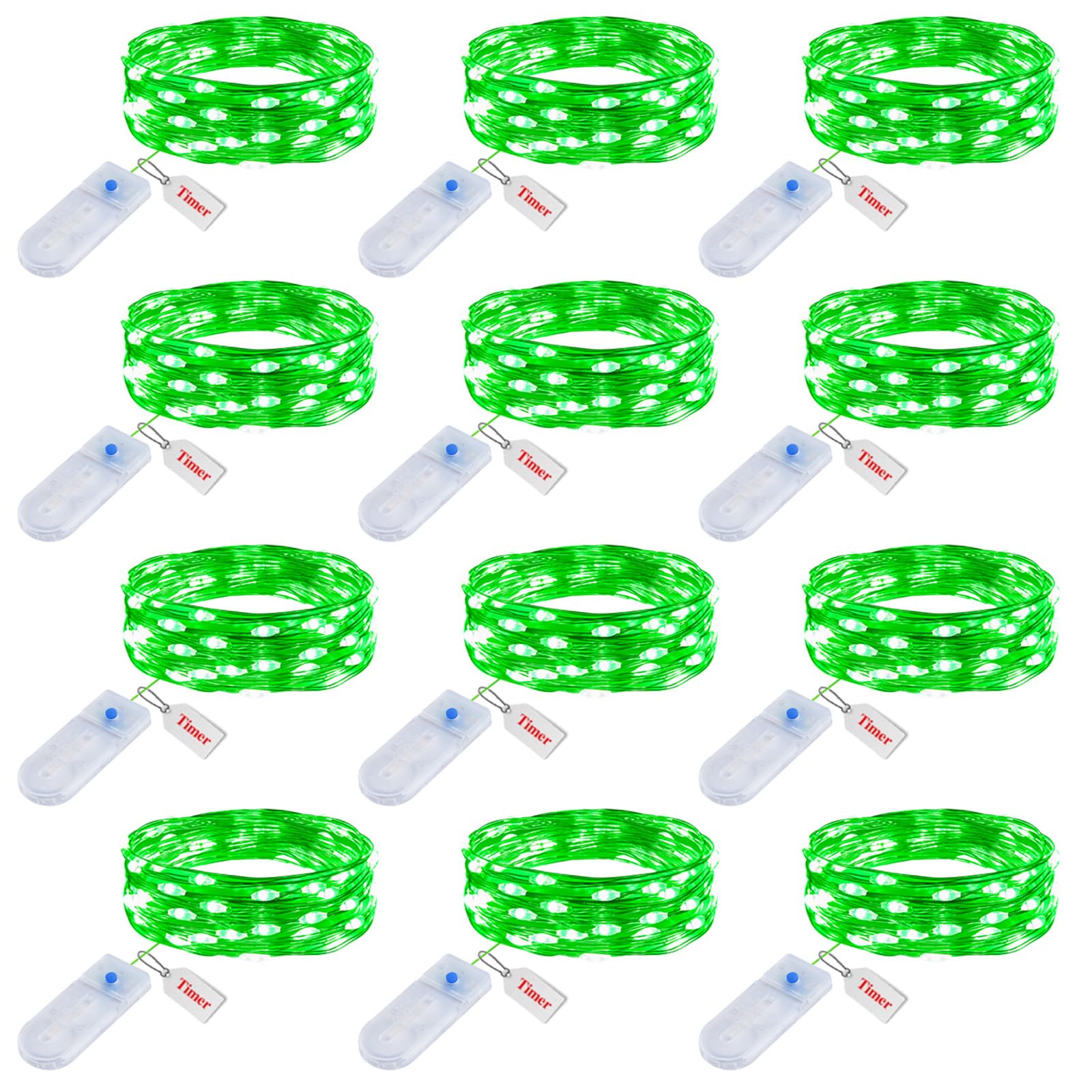 Minetom 12 Pack Fairy Lights Battery Operated String Lights with Timer - 7ft 20 LED Waterproof Silver Wire Firefly Lights for St Patrick's Day Decor DIY Crafts Wedding Table Centerpieces, Green