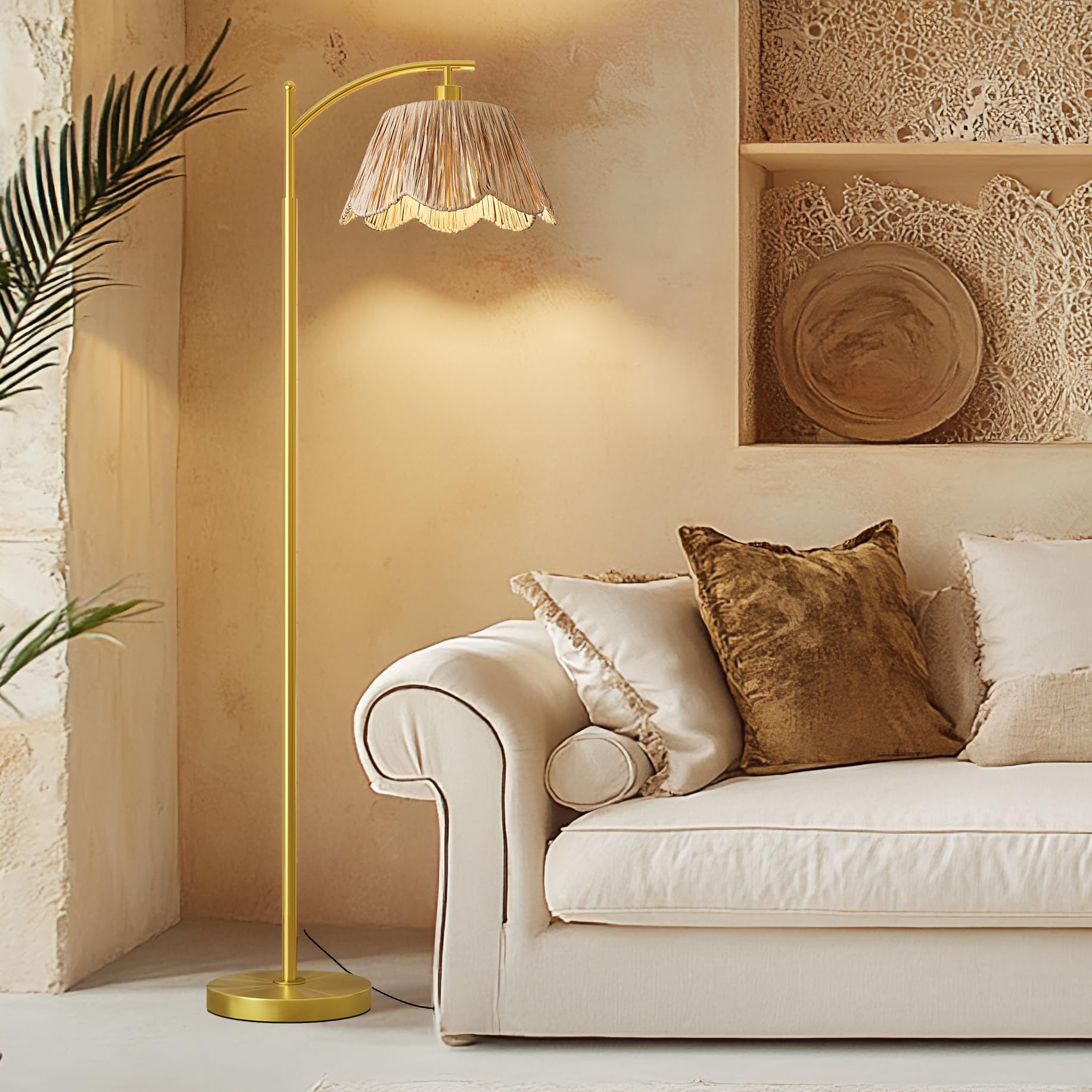 Oneach Arc Floor Lamp - Rattan Boho Design, Gold Metal Base, 62.5" Height, Foot Switch, Ideal for Living Room or Bedroom Corner