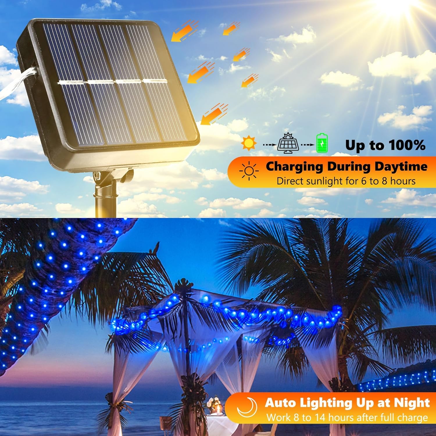 Lomotech Solar String Lights - 200LED Waterproof Fairy Lights, 66ft, Blue, 8 Modes, Outdoor, Patio, Garden, Wedding, Party Decor