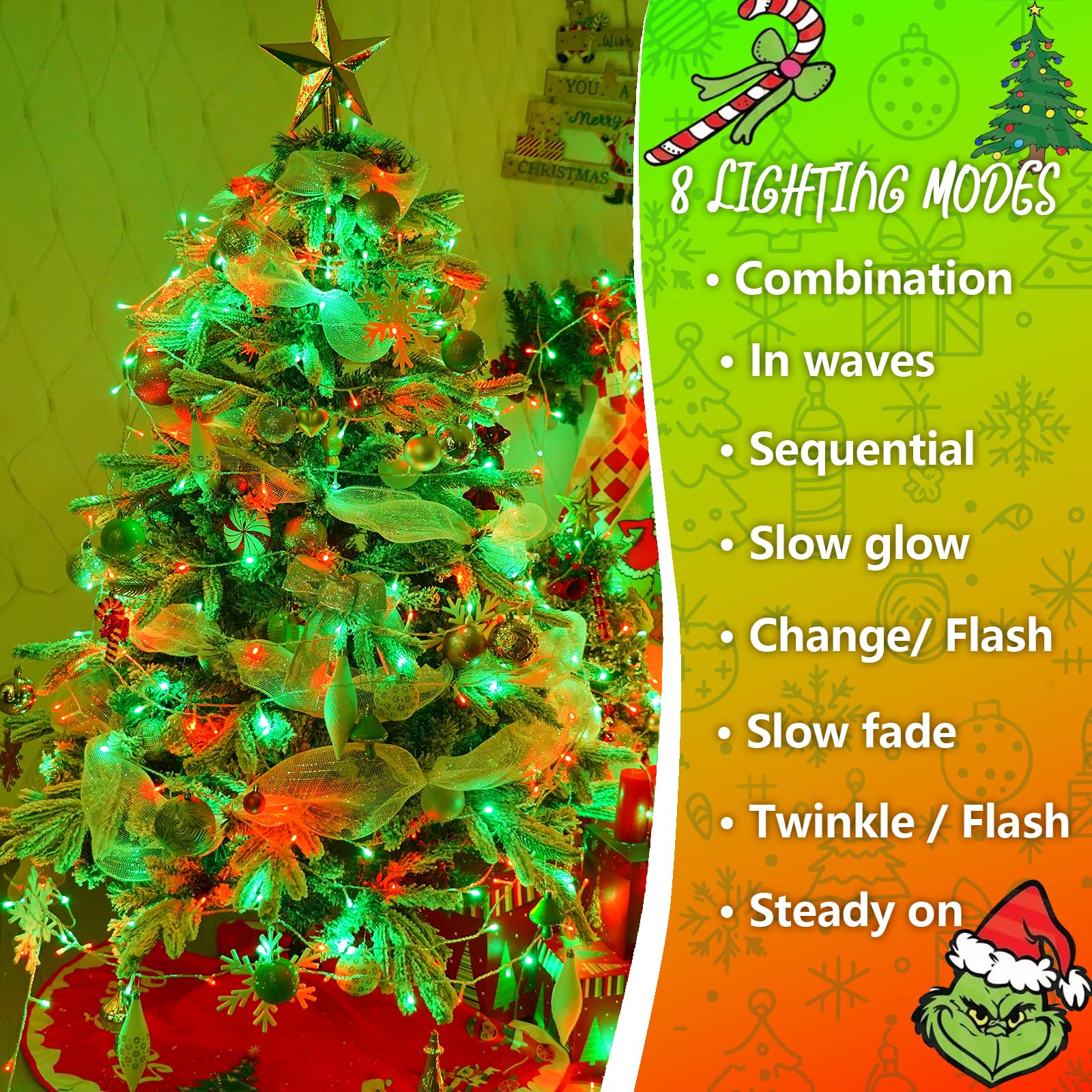 Yeguo 165Ft 500 Led Red And Green Christmas Lights Outdoor Waterproof  Clear Wire String Lights Indoor Plug In  8 Modes Clear Wire Twinkle Tree Light For Xmas Party Garden