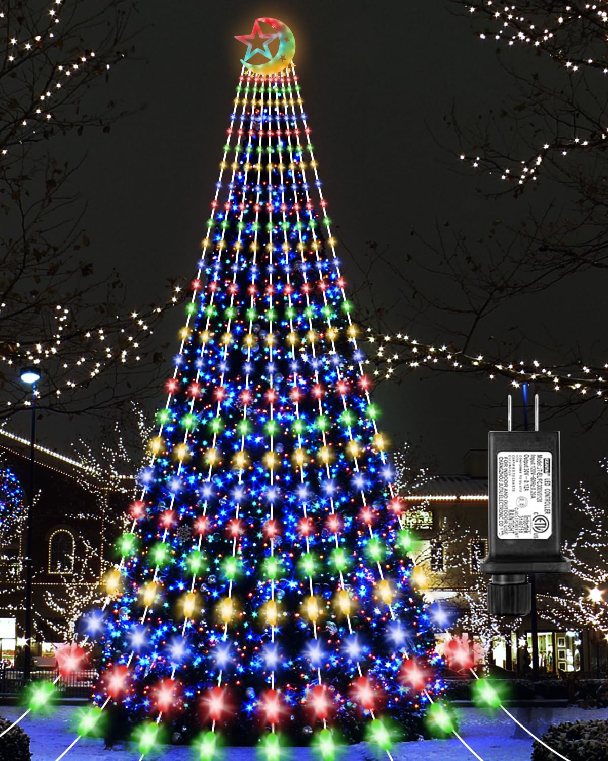 23FT Outdoor Christmas Decoration Lights 655 LED with Star Moon,Outdoor Christmas Tree Light Multi-color Christmas Waterfall 8 M