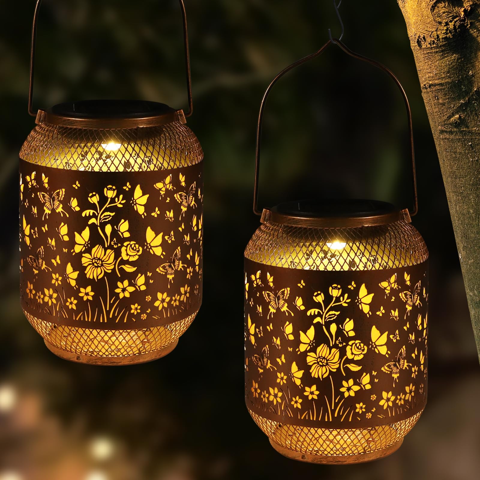 2 Pack Butterfly Swarm Solar Lanterns Outdoor Waterproof Birthdays Gifts for Women Mom Grandma Metal Hanging Hollow Out Garden D