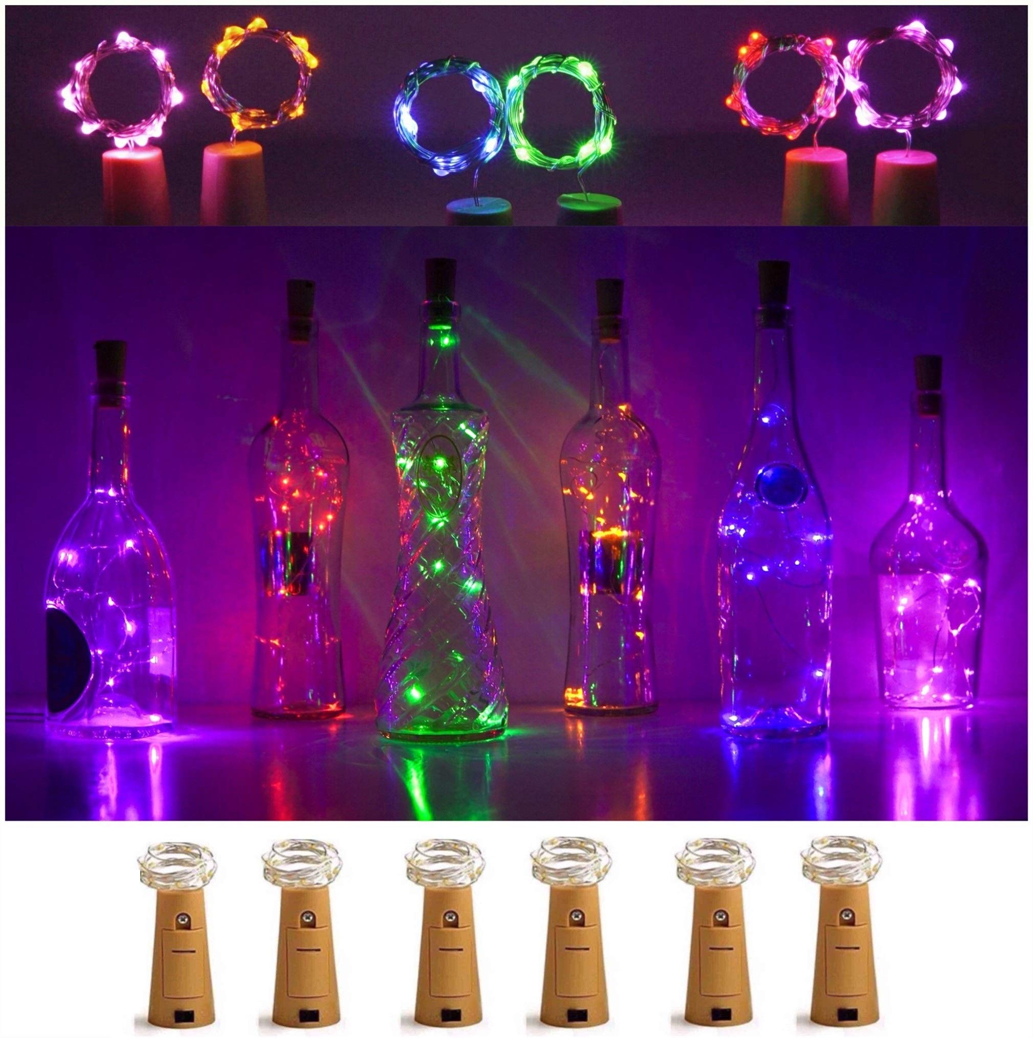 LoveNite Wine Bottle Lights with Cork, 6 Pack Battery Operated 15 LED Cork Shape Silver Wire Colorful Fairy Mini String Lights for DIY, Party, Decor, Christmas, Halloween,Wedding(Mixed Color)