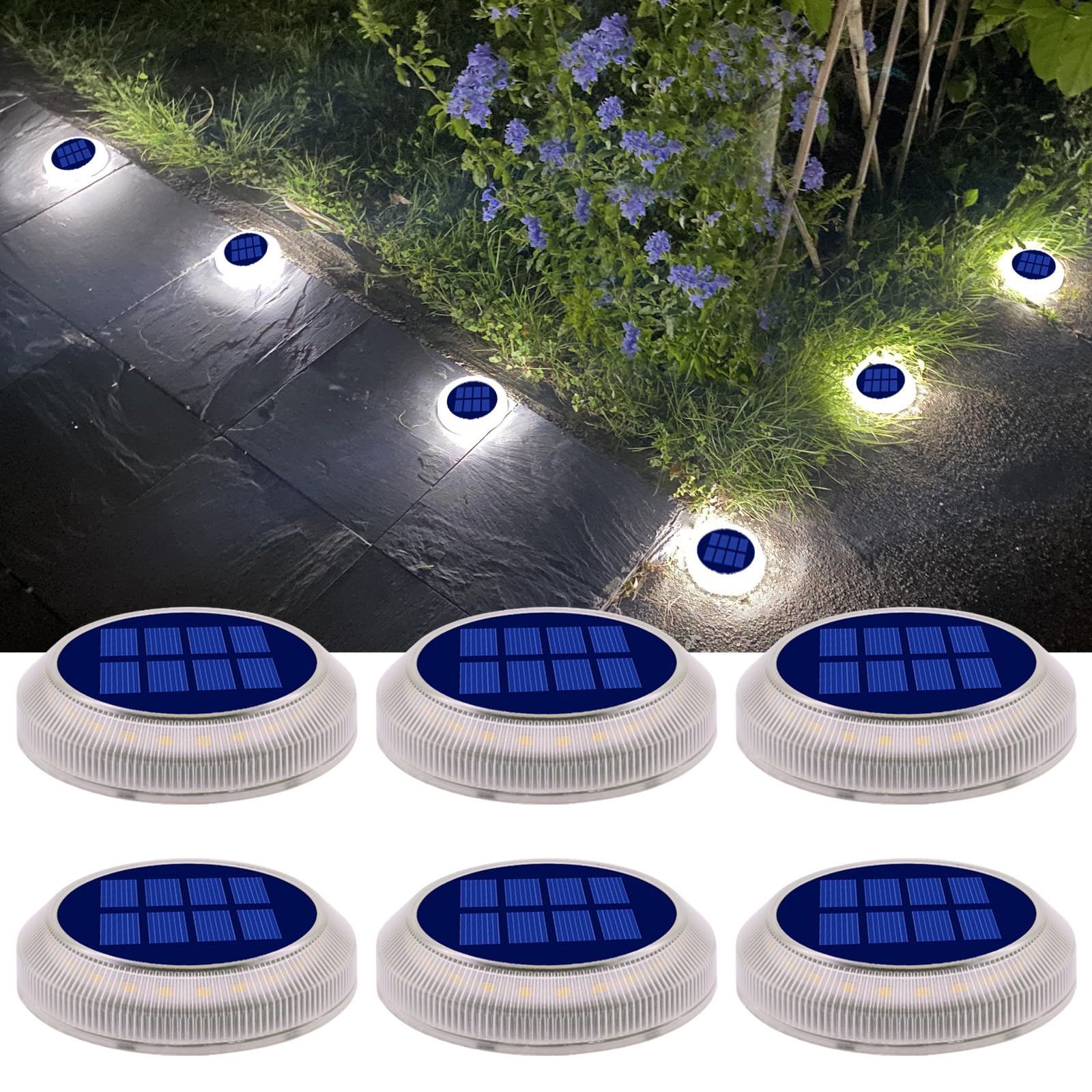 DetarZinLED Solar Deck Lights Outdoor Waterproof, 6 Pack White Round Deck Lights Solar Powered, Flat Stick on Ground Disc Light 