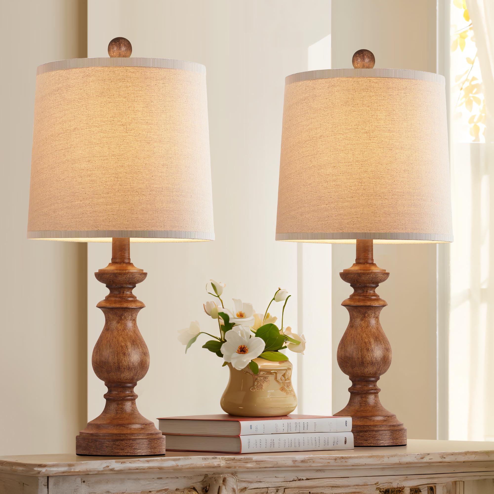 PARTPHONER Traditional Table Lamp Set of 2, 22in Bedside Desk Lamps, Rustic Wood Grain, Linen Shades, Model STR-DL-0004