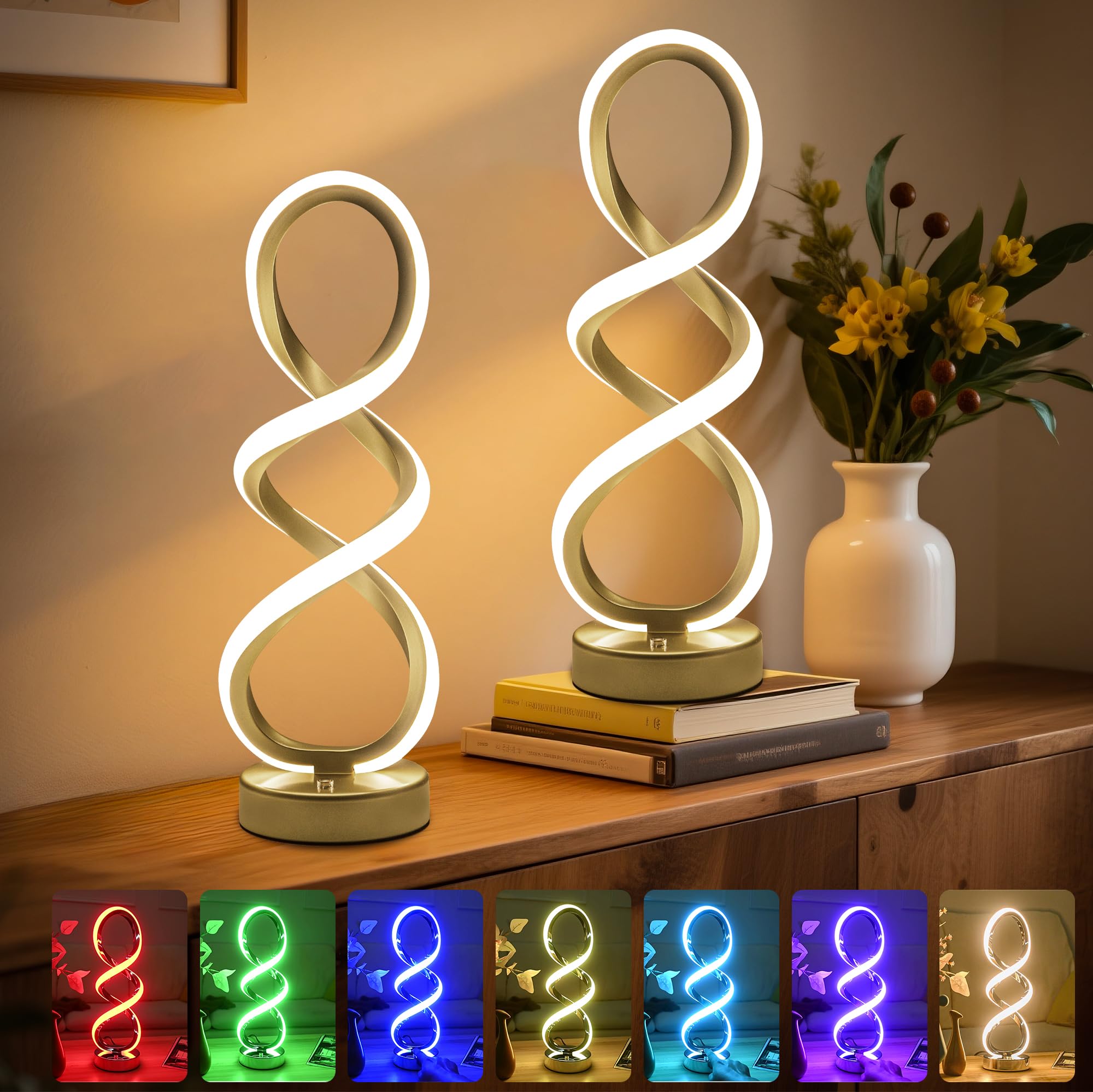 Adebime Modern Table Lamp, 7 Colors 10 Light Modes Spiral Design Table Lamp, Touch Dimmable Nightstand Lamp, Unique Bedside Lamp