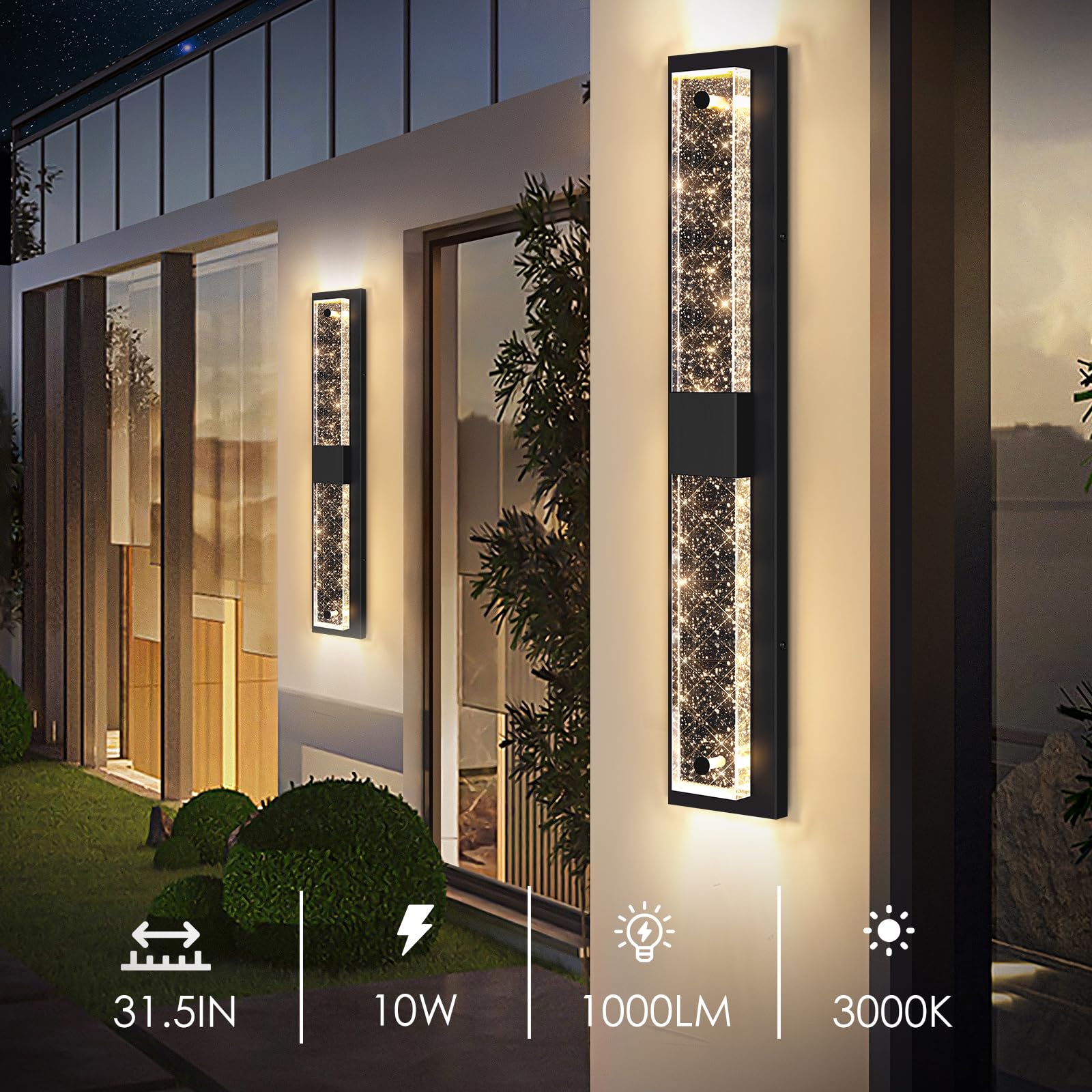31.5In Large Size Outdoor Wall Light Fixtures With Crystal Bubble Glass, Waterproof Exterior Sconces Led Wall Lanterns, Porch Li