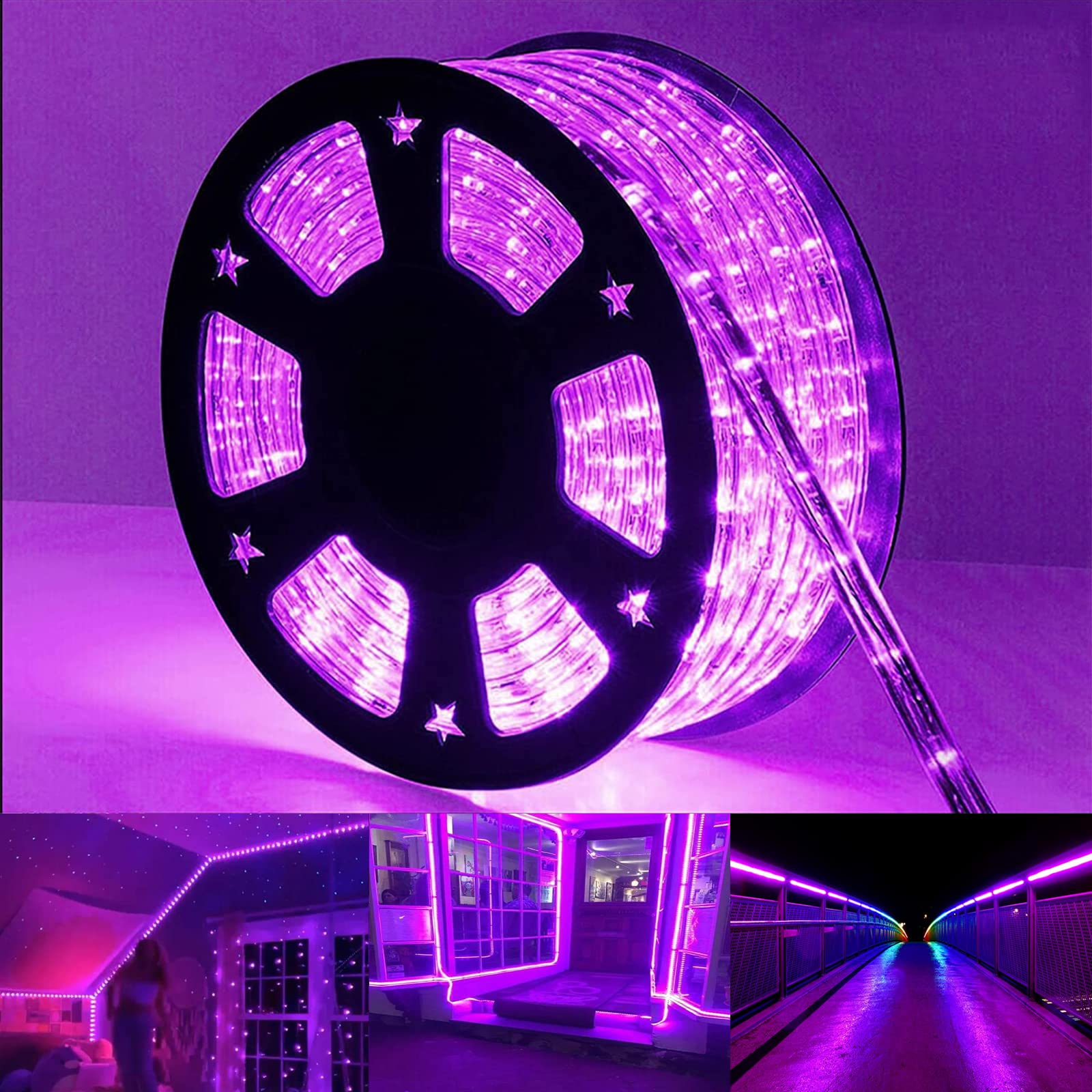 Jnaurb LED Rope Lights - 200ft Waterproof Flexible Tube Lights, 1440 LEDs, 8 Modes, Purple, for Outdoor and Indoor Decoration