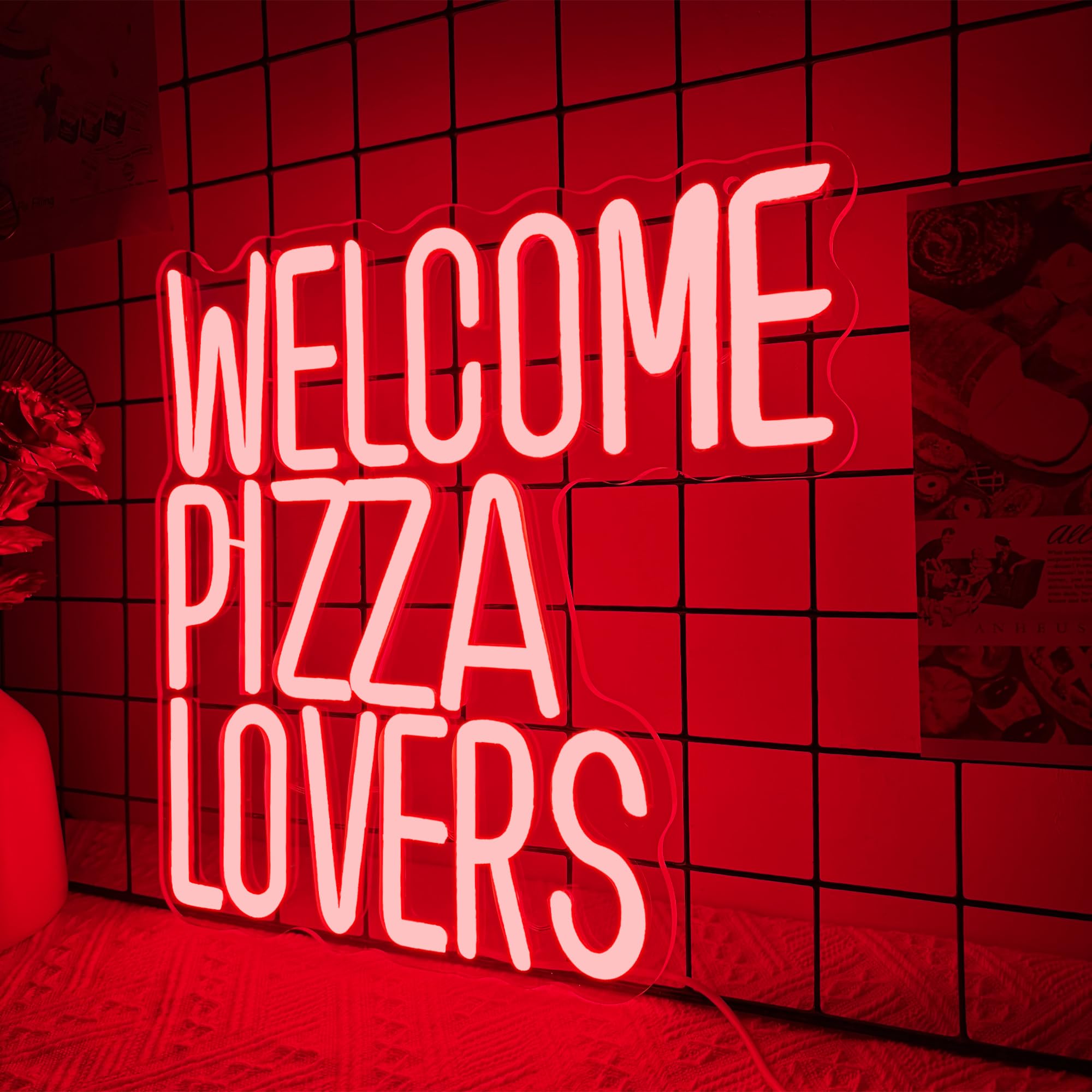 Welcome Pizza Lovers Neon Light  Red Dimmable Led Personalized Pizza Lovers Neon Sign  Family Restaurant Entertainment Room Food Theme Party Wall Neon Sign Decor Holiday Gift For Pizza Lovers  Children  Family (12.9*12.5In)