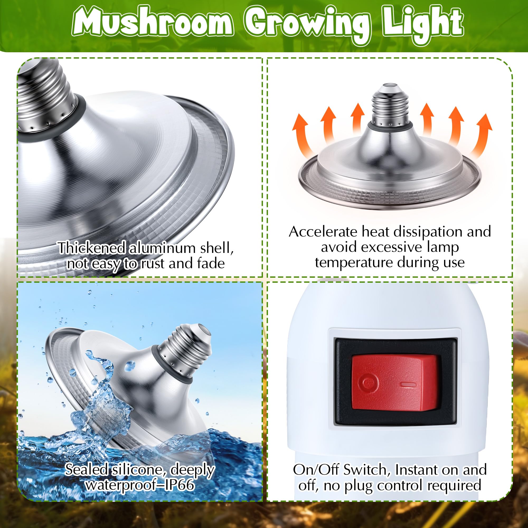 Meonum Led Mushroom Grow Light, 15W Dual Spectrum, 6000K Blue Light, 6.5 Ft Cord,