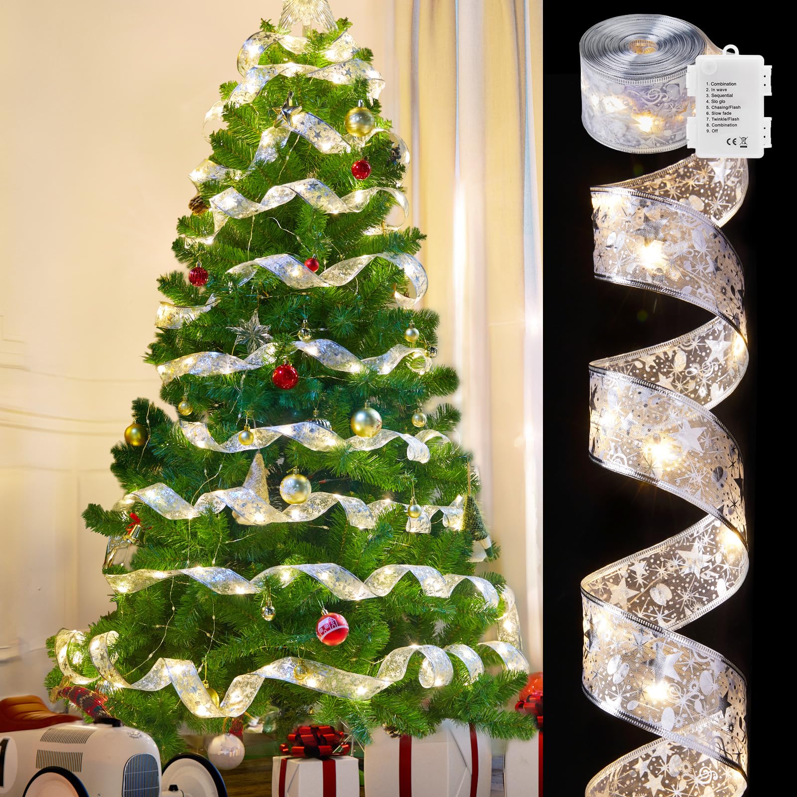 Minetom Christmas Tree Ribbon Lights - 33ft 100 LED Battery Powered, Copper, Silver Ribbon + Warm White LED