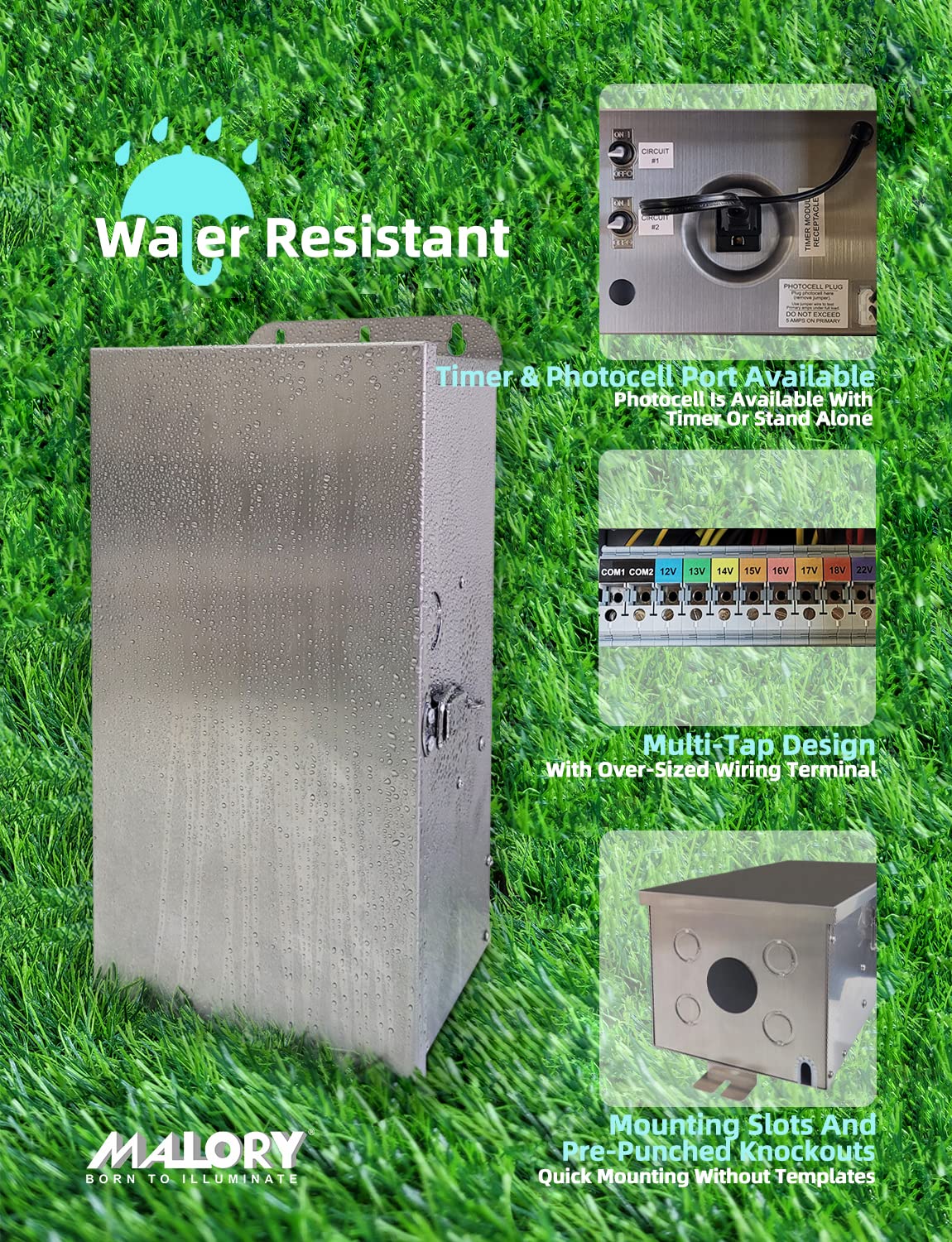 MALORY 600W Low Voltage Transformer with Timer & Photocell for Landscape Lighting, 120V AC to 12-22V Multi-Tap Power Supply