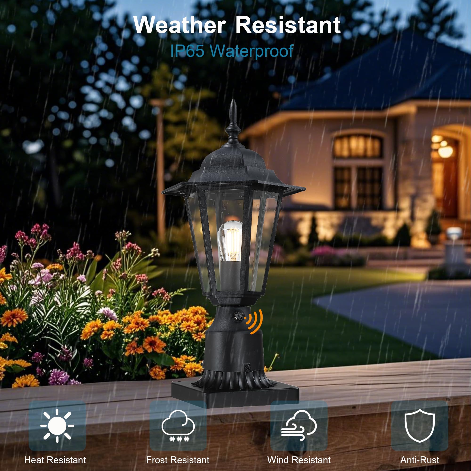 GRUENLICH Dusk to Dawn Outdoor Post Light, Black Aluminum Lantern, 15 inch, Model GR-PL001D2D-BK-1PK