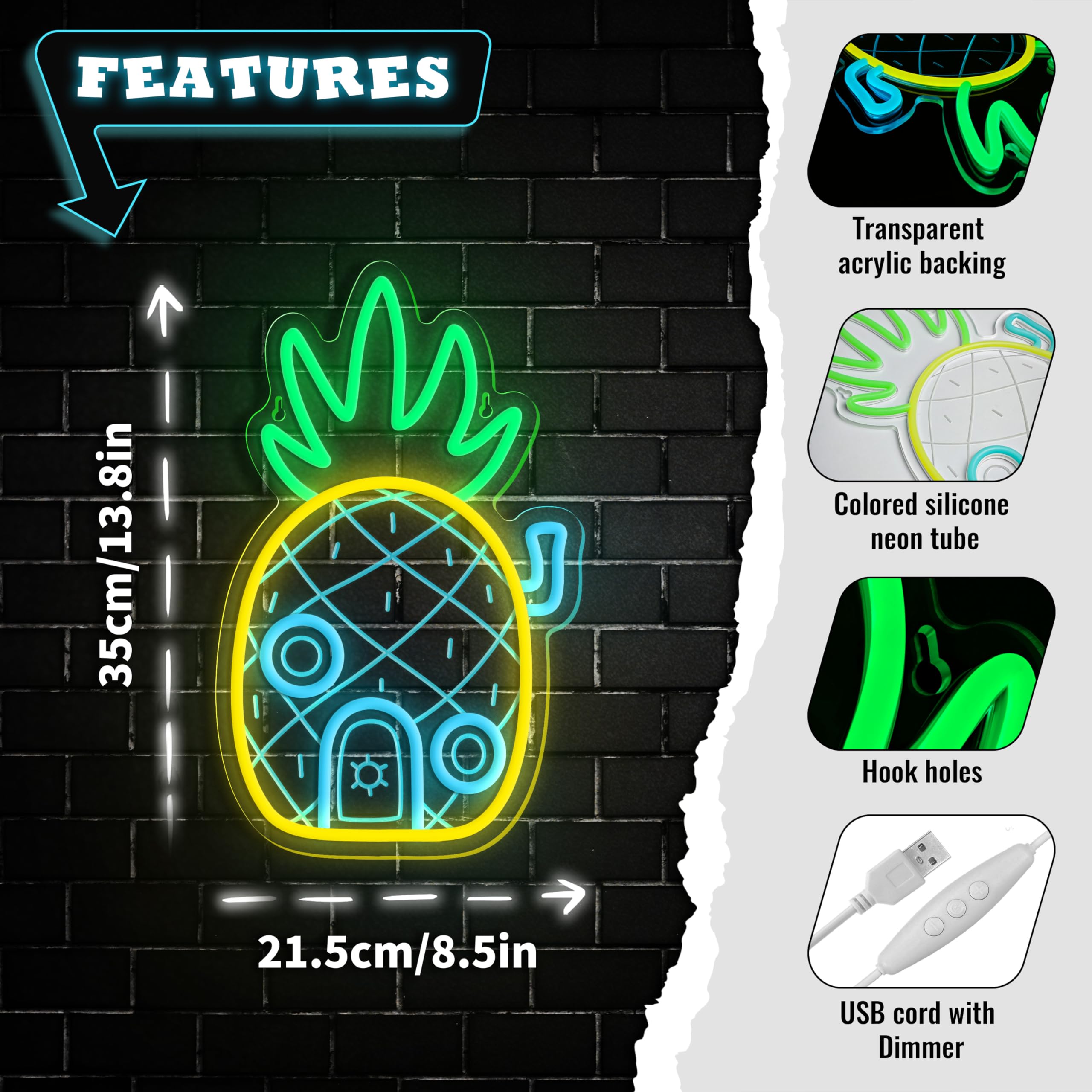 VIKLIU Pineapple House Neon Sign LED Wall Decor, Dimmable, 13.78x8.46 inches, Ocean Theme, Kids Room, Acrylic