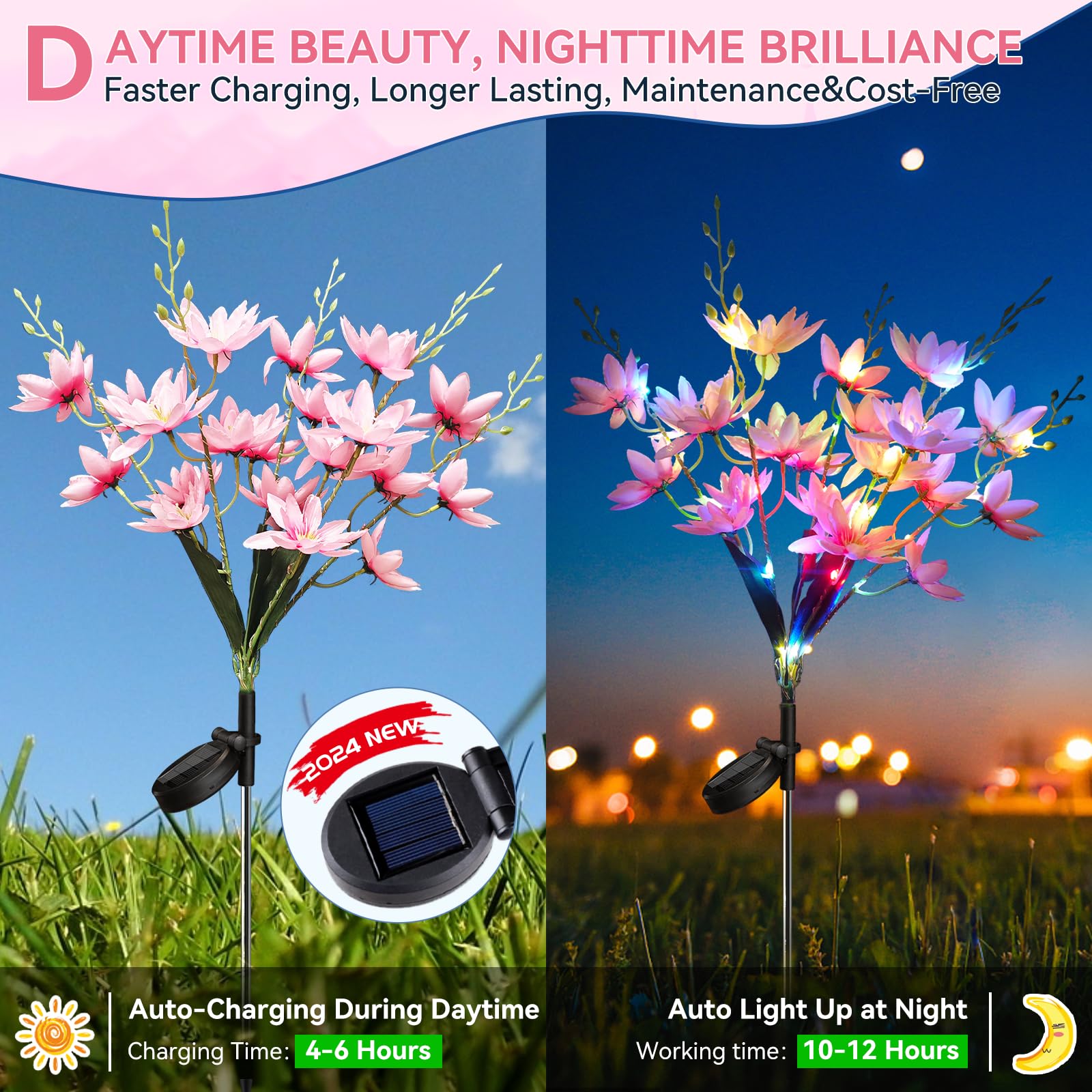 Neporal Solar Garden Lights, 5-Head Snow Lotus, Waterproof IP65, 4 Packs, Pink, PVC