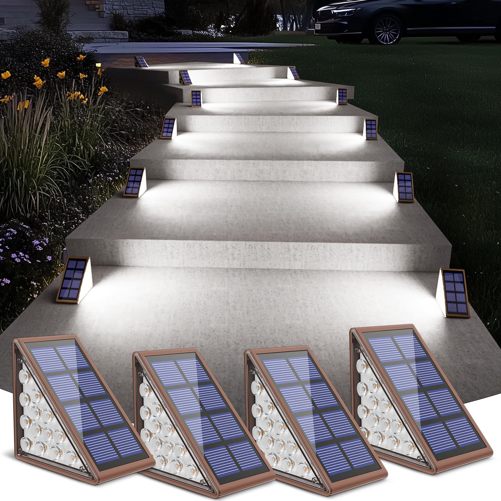 NIORSUN Solar Stair Lights, Waterproof IP67, Auto On/Off, Cool White, 12 Pack, Brown, Model ABE110-B