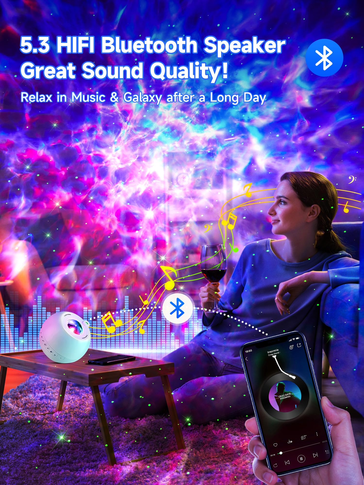 One Fire Star Projector Galaxy Light - 15 Colors, Bluetooth, White, Model WH-E14A, Perfect for Kids & Teen Room Decor