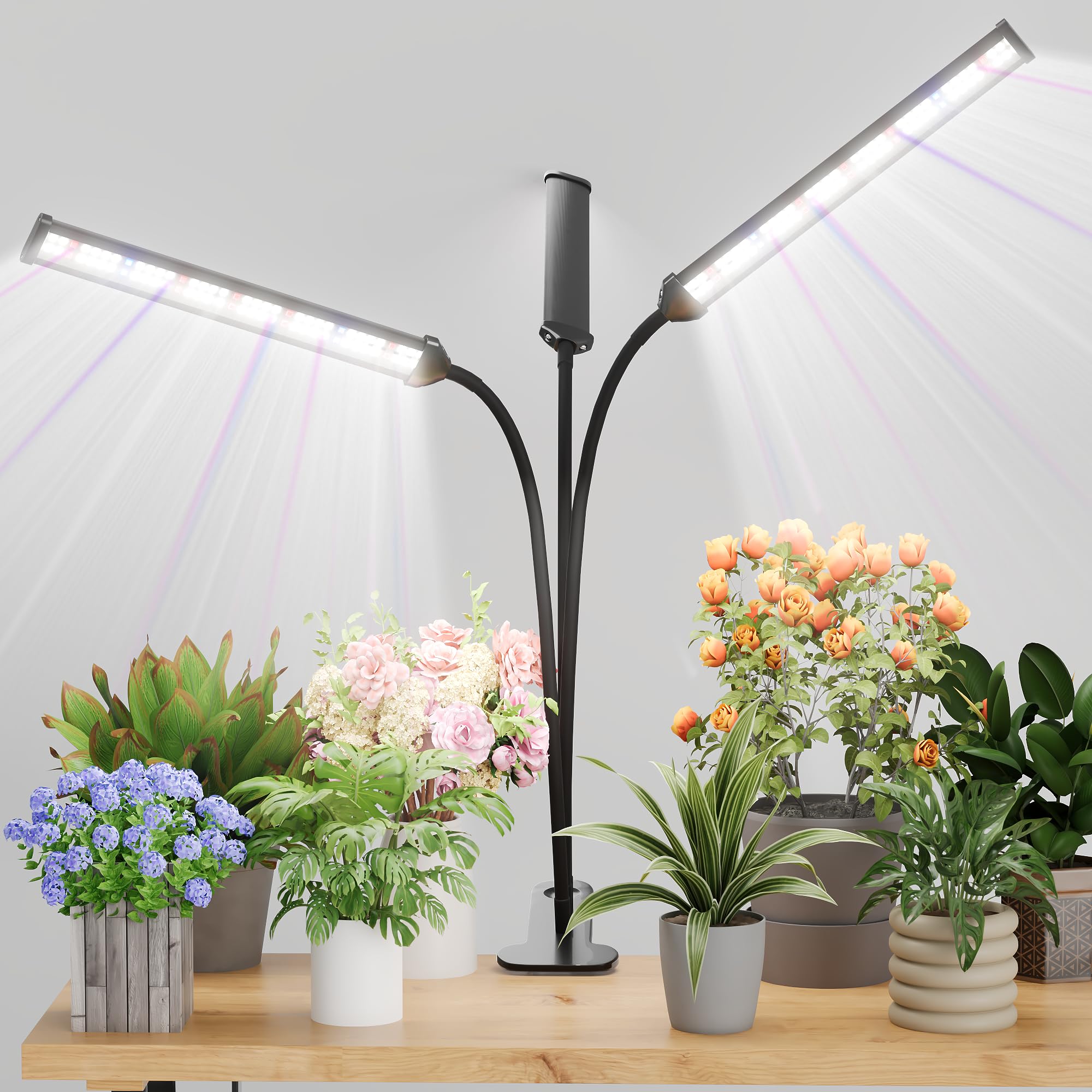 GooingTop Grow Light LED Gooseneck Lamp,Triple-Head Full Spectrum 222 LED Plant Lamp with Red Blue Light Clip-on Desk for Indoor