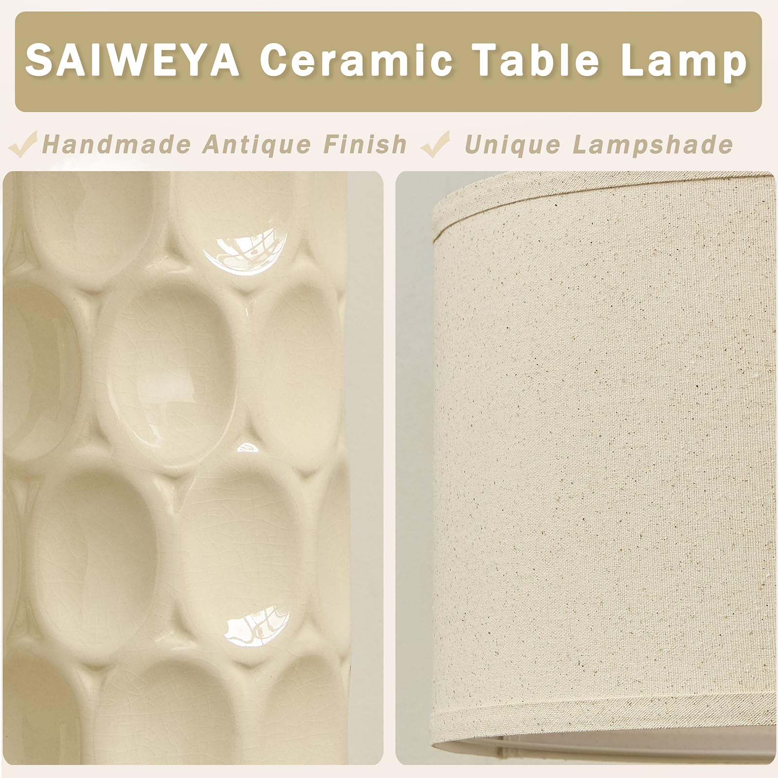 SAIWEYA 24" Ceramic Table Lamp Set of 2, 3 Color Dimmable, Rotary-Cream White, Modern Design for Bedroom and Living Room