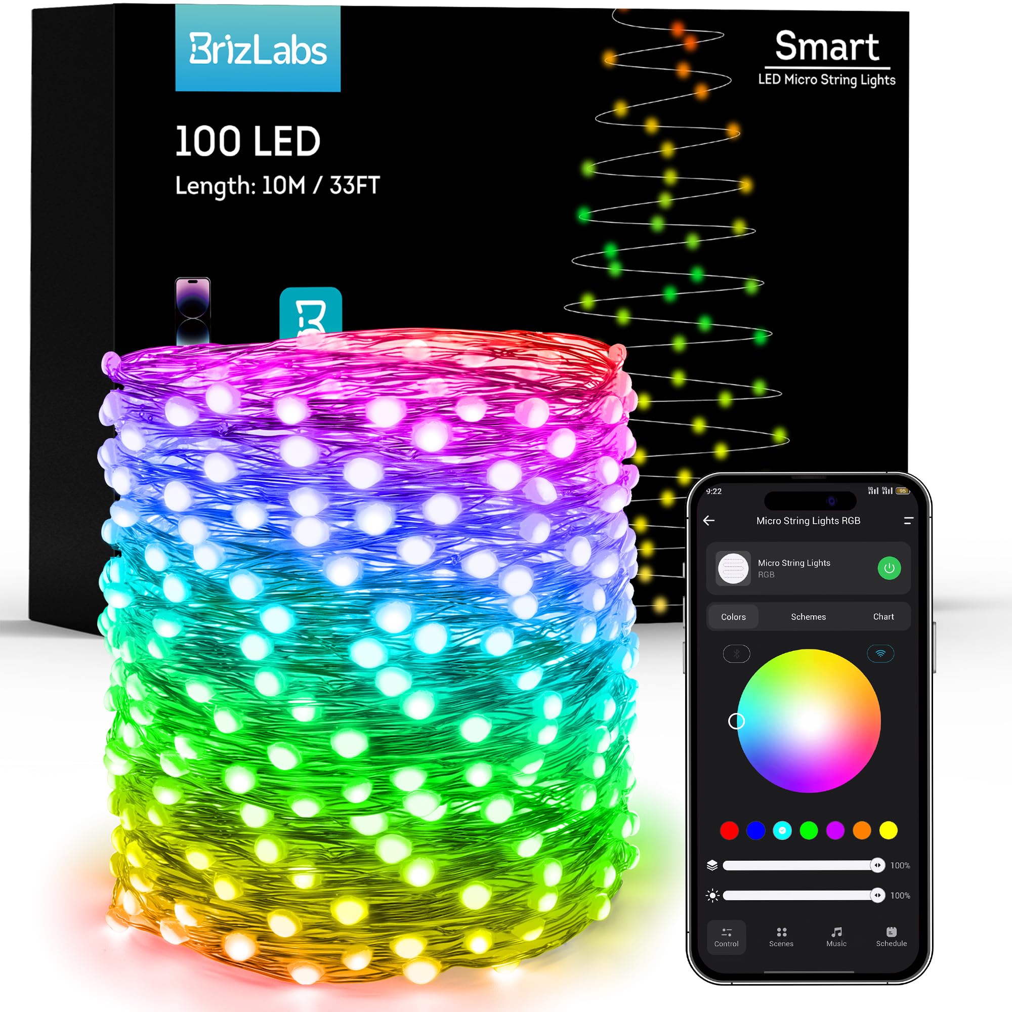 BrizLabs Smart Christmas Fairy Lights, 100 LED Color Changing, 33ft, Dimmable, Green Wire for Xmas and Halloween Party