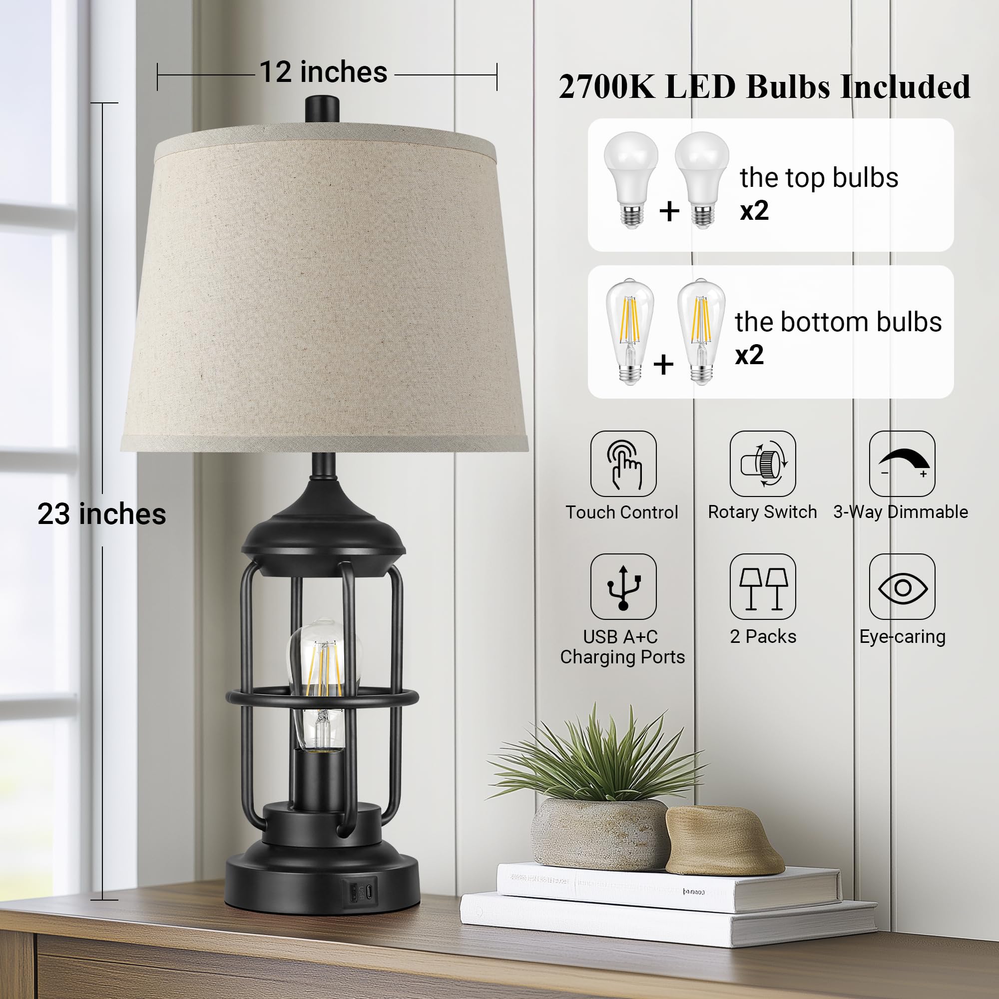 Qimh Table Lamp For Bedroom Set Of 2 With Usb A+C Ports, Farmhouse Bedside Lamp With Night Light, 3-Way Dimmable Touch Control,