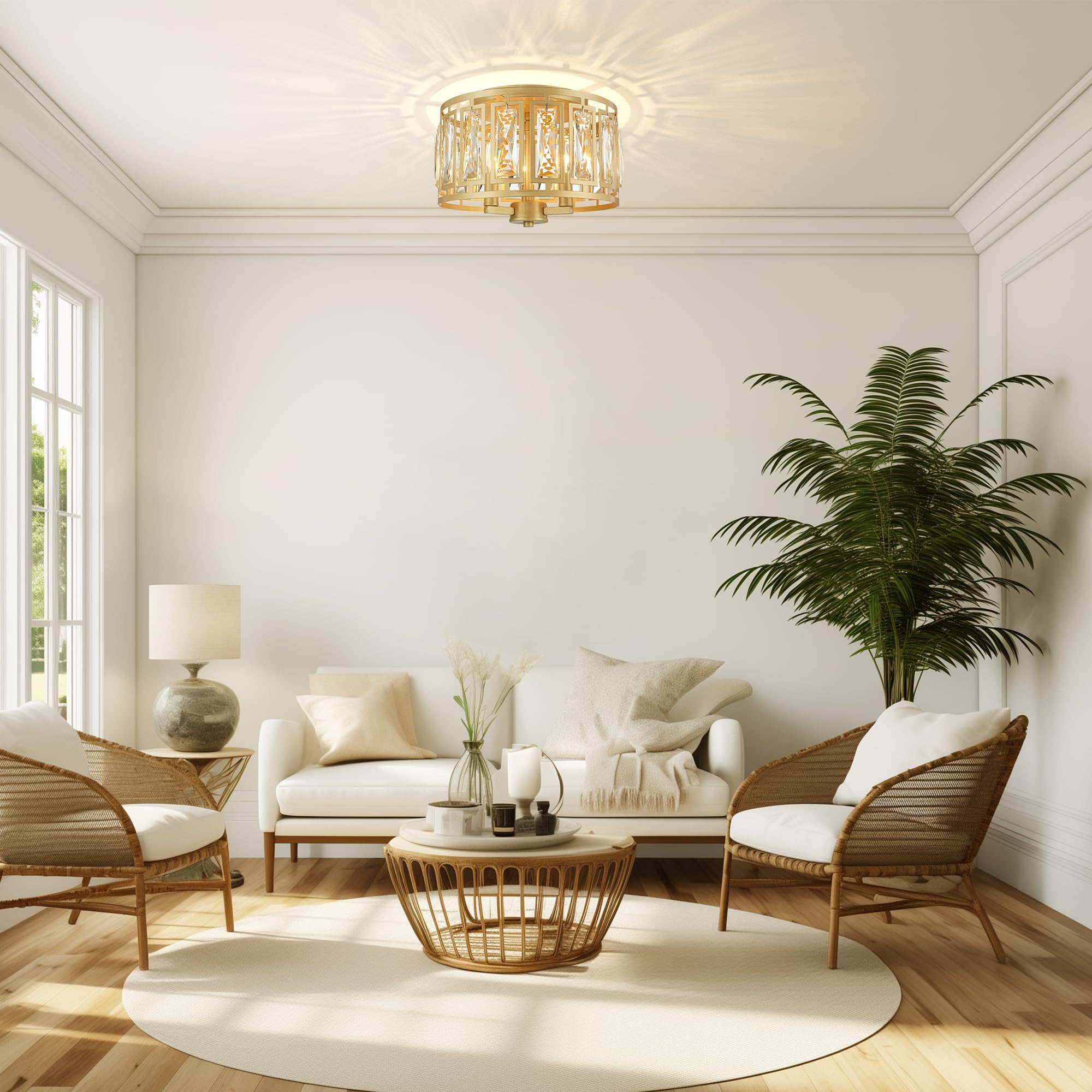 Gold Crystal Flush Mount Ceiling Light, Mini Chandelier Crystal Ceiling Light Fixture For Entryway Bedroom Barthroom Hallway Clo