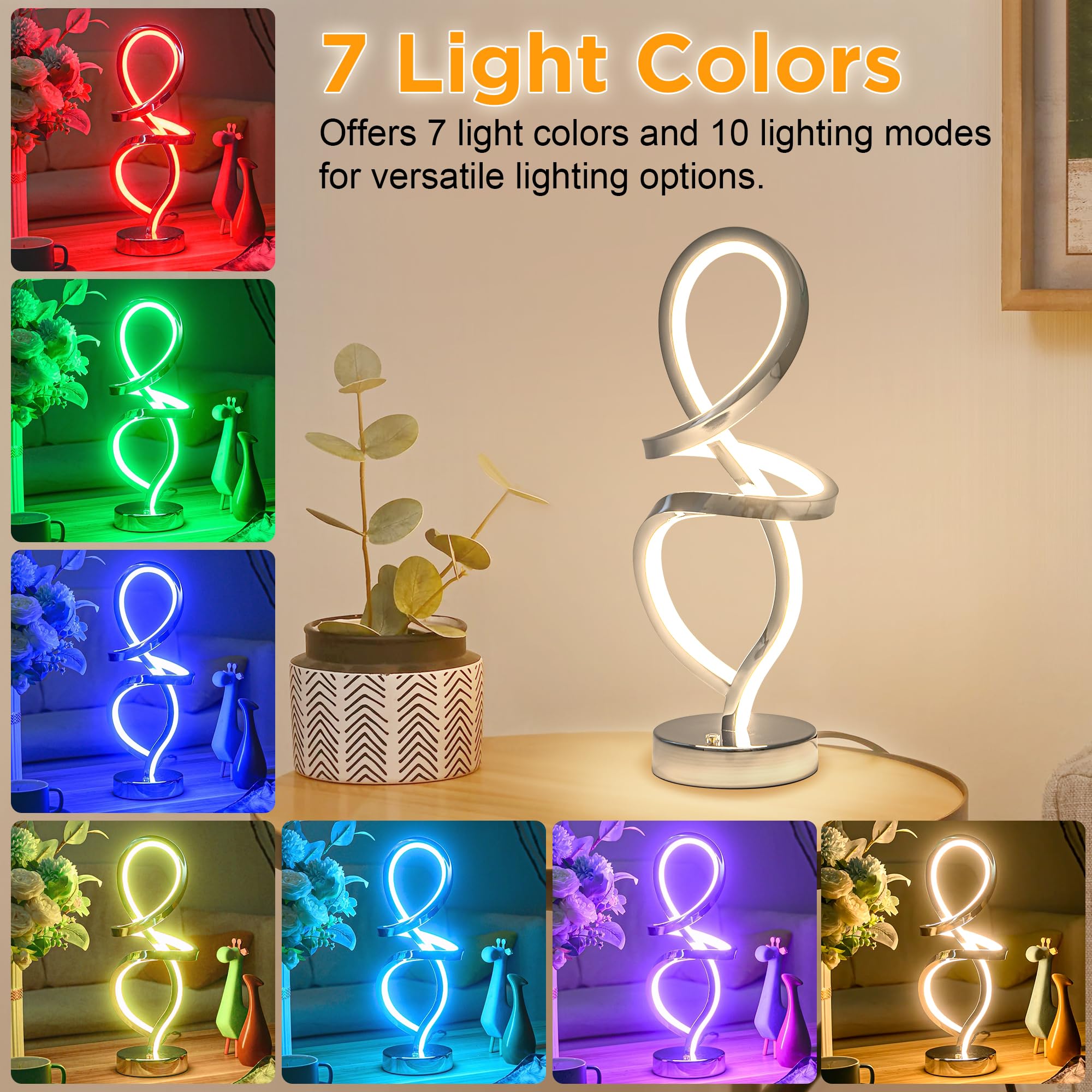 Mayful Rgb Modern Table Lamp - Led Spiral Touch Dimmable Nightstand Light, 7 Colors & 10 Modes
