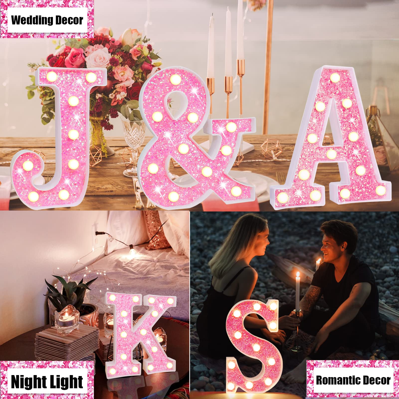 Pink Light Up Letters, Glitter Alphabet Letter Sign Pink LED Marquee Letter Lights Battery Powered for Night Light Girls Bedroom
