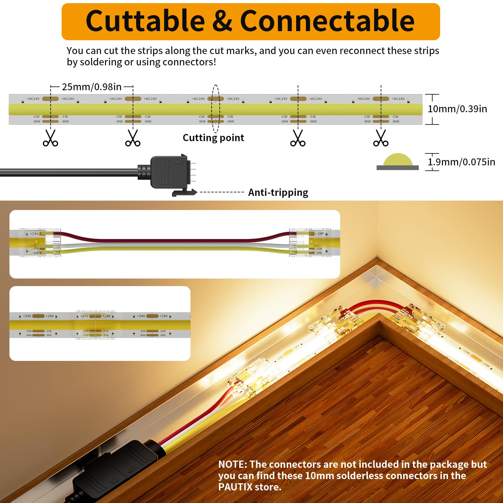 PAUTIX COB LED Strip Light 32.8ft Dimmable 2700K-6500K CRI90+ Model S640F010W24-COB-CCT-10