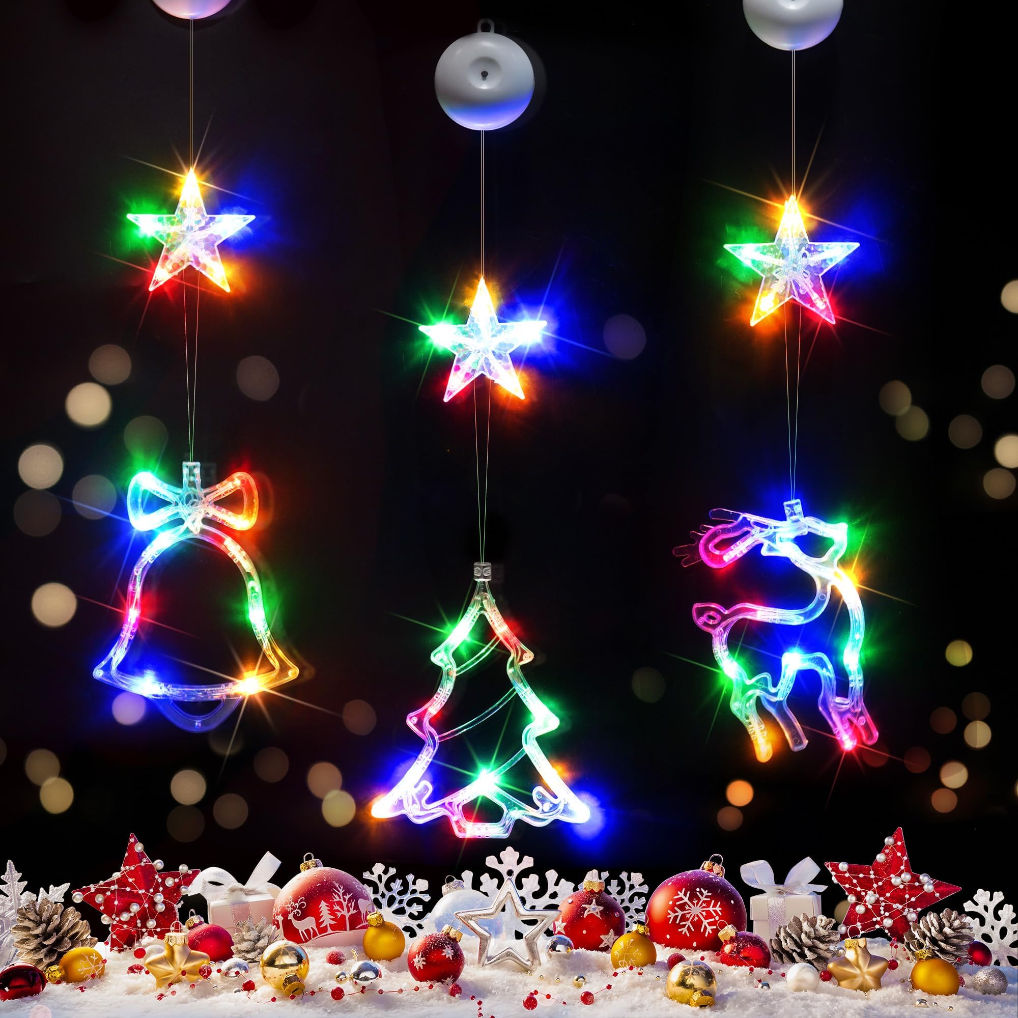 suddus Christmas Window Lights Decorations, 3Pcs Tree-Jingle Bell-Deer Shaped Xmas Lights Battery Powered with Suction Cups & Timer, Hanging String Lights Indoor for Tree, Fireplace, Multicolor