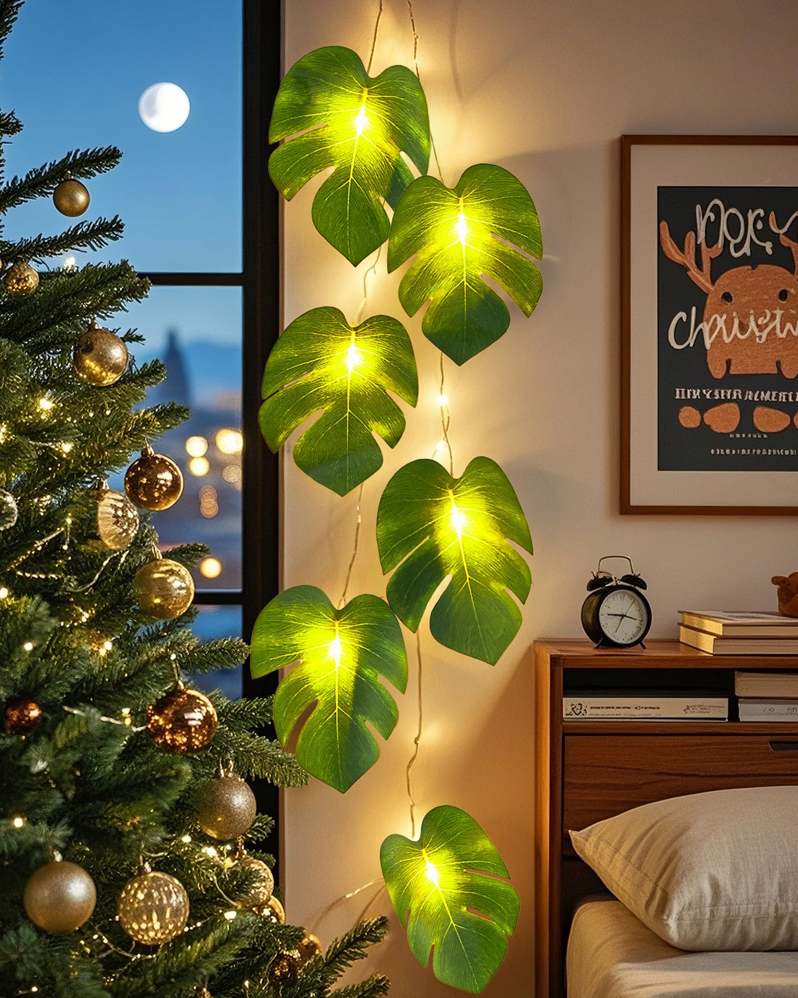 Minetom Monstera Leaf String Lights - 20 LED Battery Operated with Remote Control, Tropical Greenery for Hawaiian Theme Party Decor
