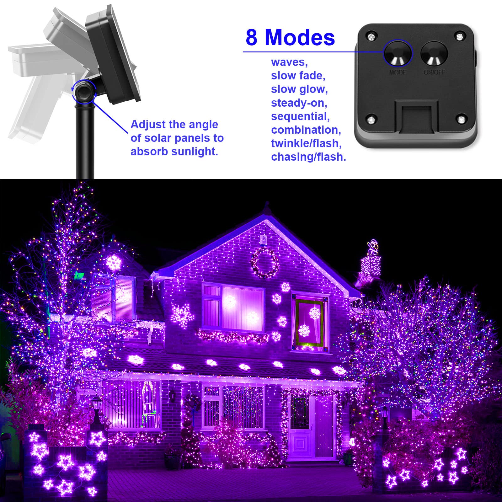 YAOZHOU Solar String Lights, 100 LED, Copper, 8 Modes, Waterproof, Purple, 2 Pack
