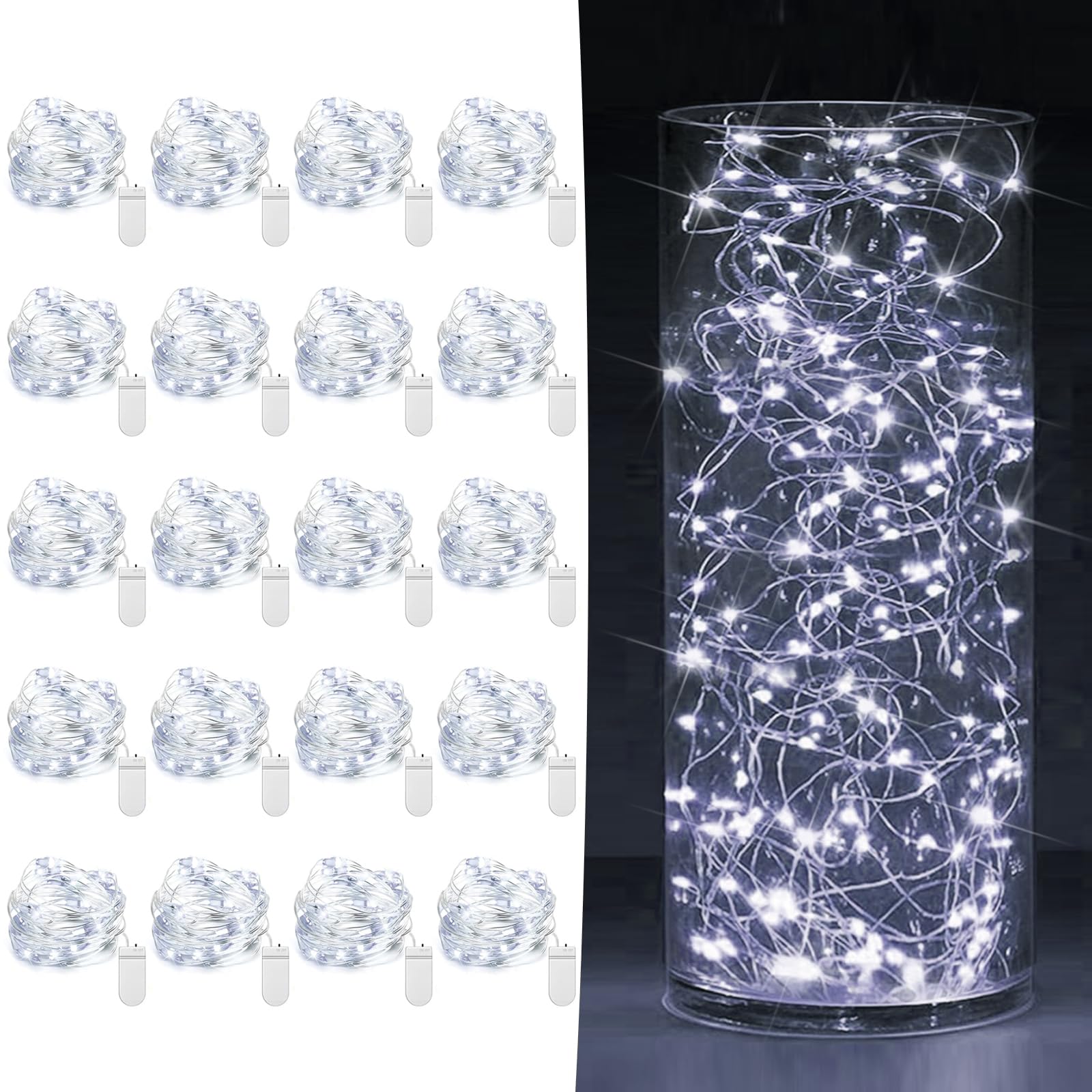 20 Pack Fairy Lights Battery Operated 7ft 20 LED Mini String Lights Twinkle Lights Silver Wire Firefly Starry Lights for Mason Jars Wedding Party Christmas Centerpiece Table Decorations  Cool White